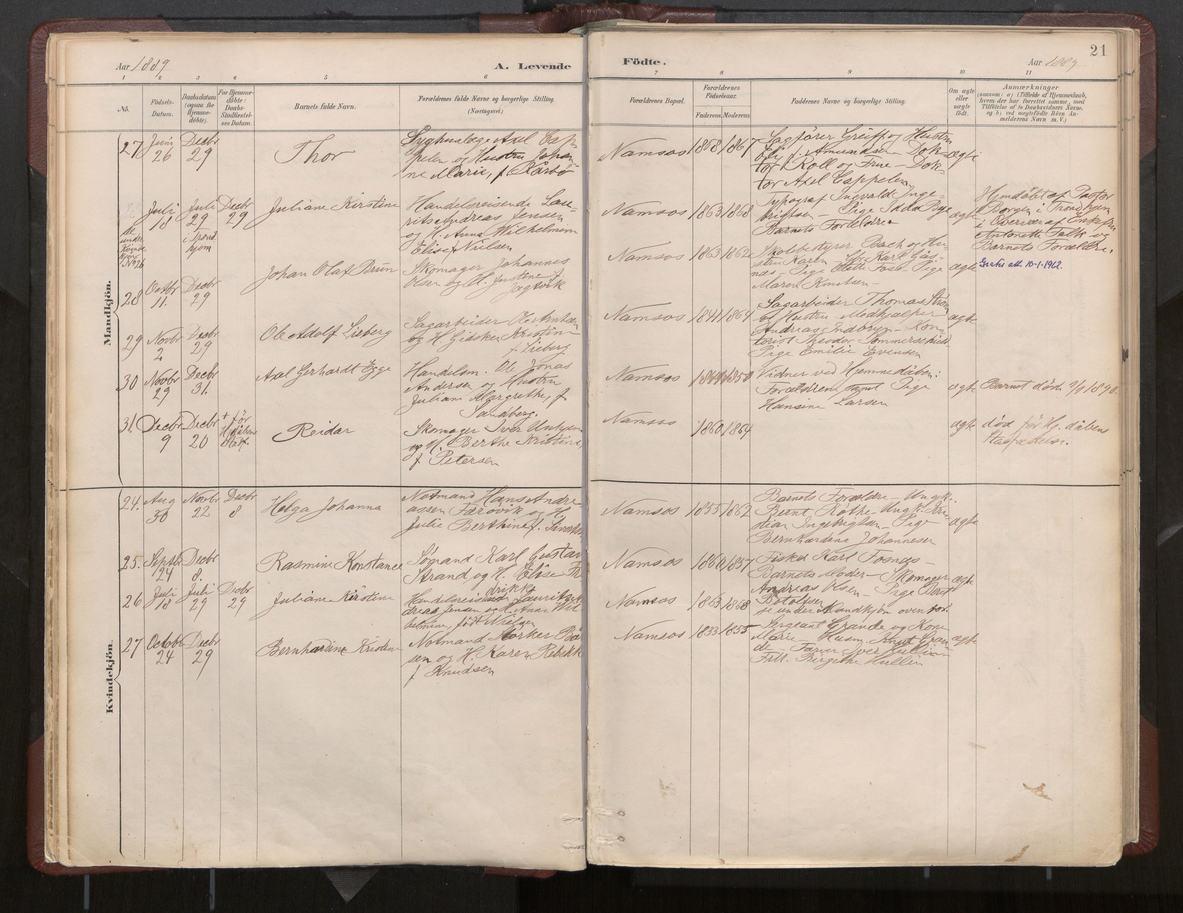 Ministerialprotokoller, klokkerbøker og fødselsregistre - Nord-Trøndelag, AV/SAT-A-1458/768/L0574: Parish register (official) no. 768A08, 1887-1927, p. 21