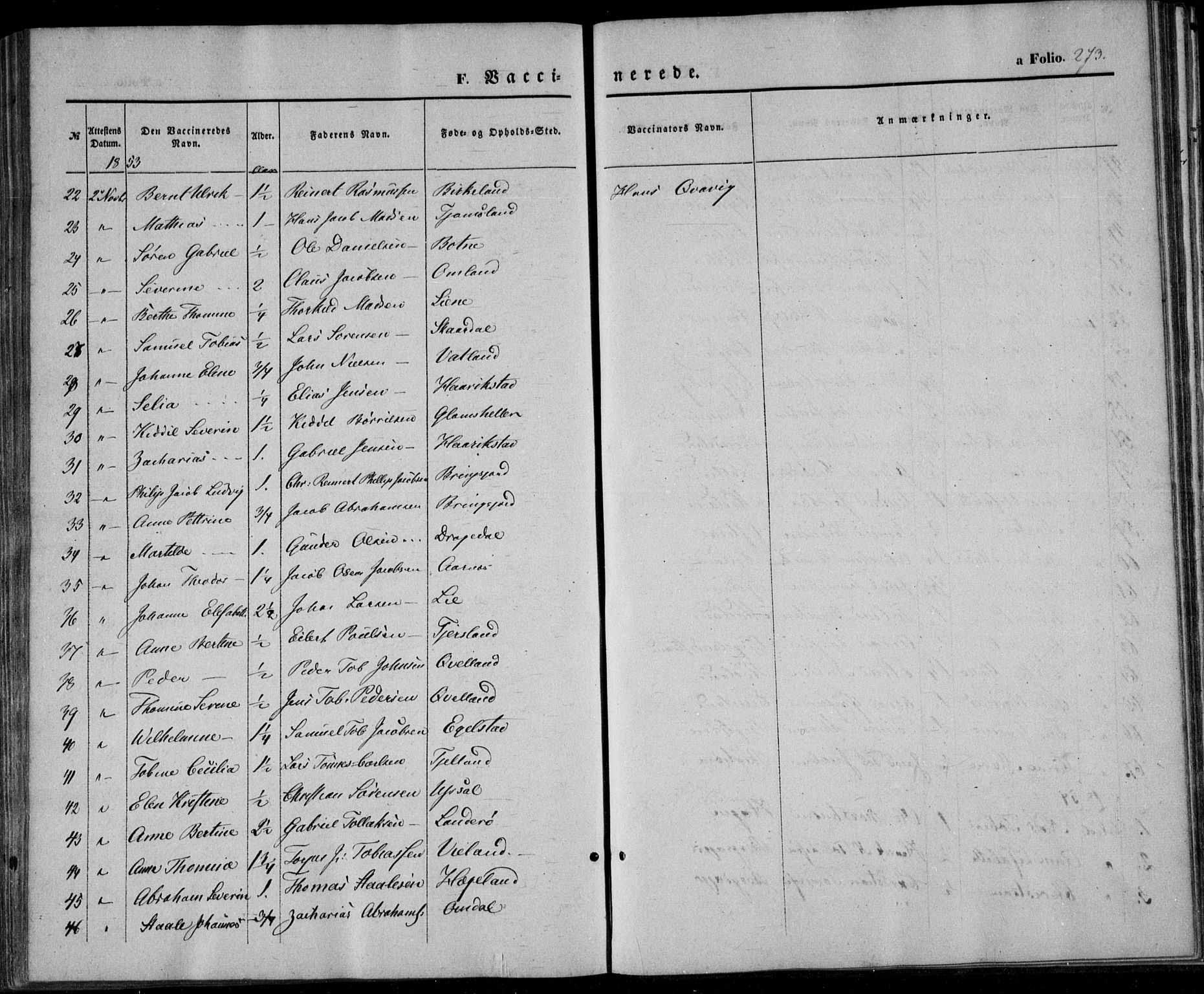 Lyngdal sokneprestkontor, SAK/1111-0029/F/Fa/Fac/L0009: Parish register (official) no. A 9, 1852-1864, p. 273