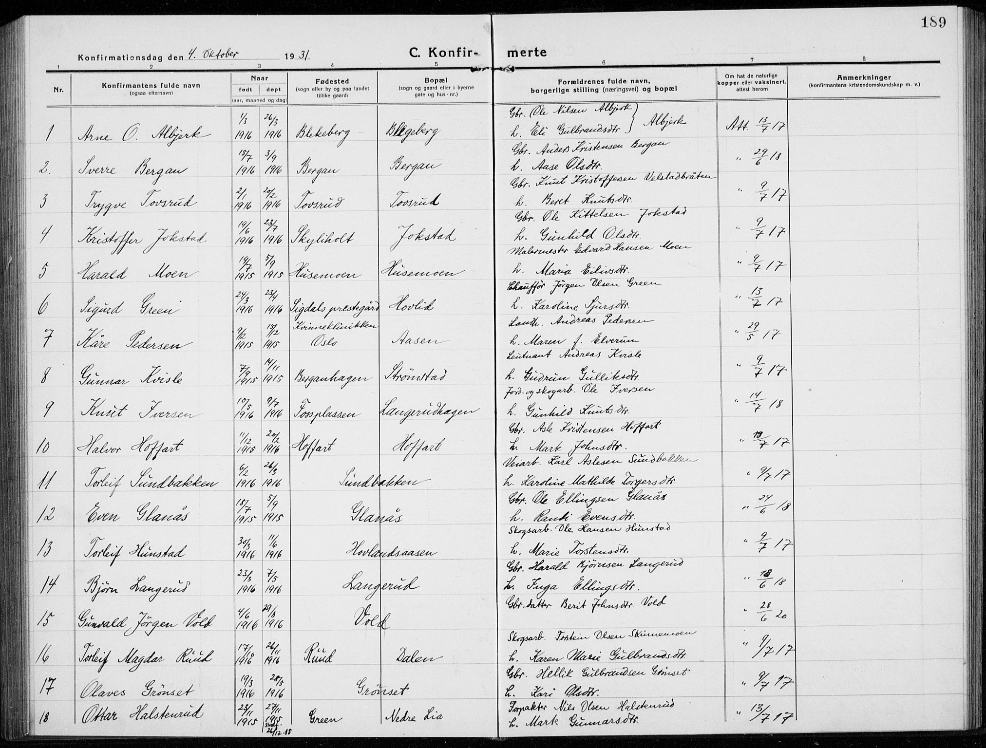 Sigdal kirkebøker, AV/SAKO-A-245/G/Ga/L0007: Parish register (copy) no. I 7, 1917-1935, p. 189