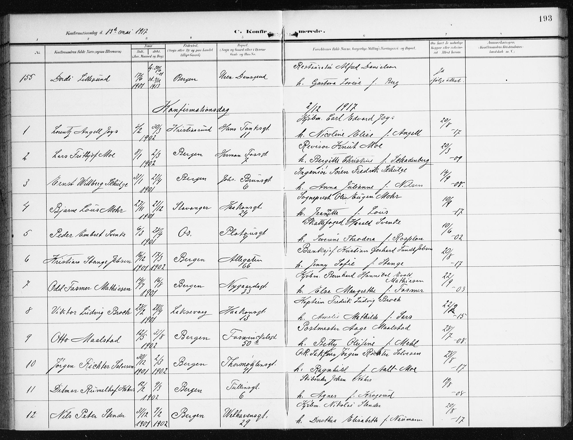 Johanneskirken sokneprestembete, AV/SAB-A-76001/H/Haa/L0009: Parish register (official) no. C 2, 1907-1924, p. 193