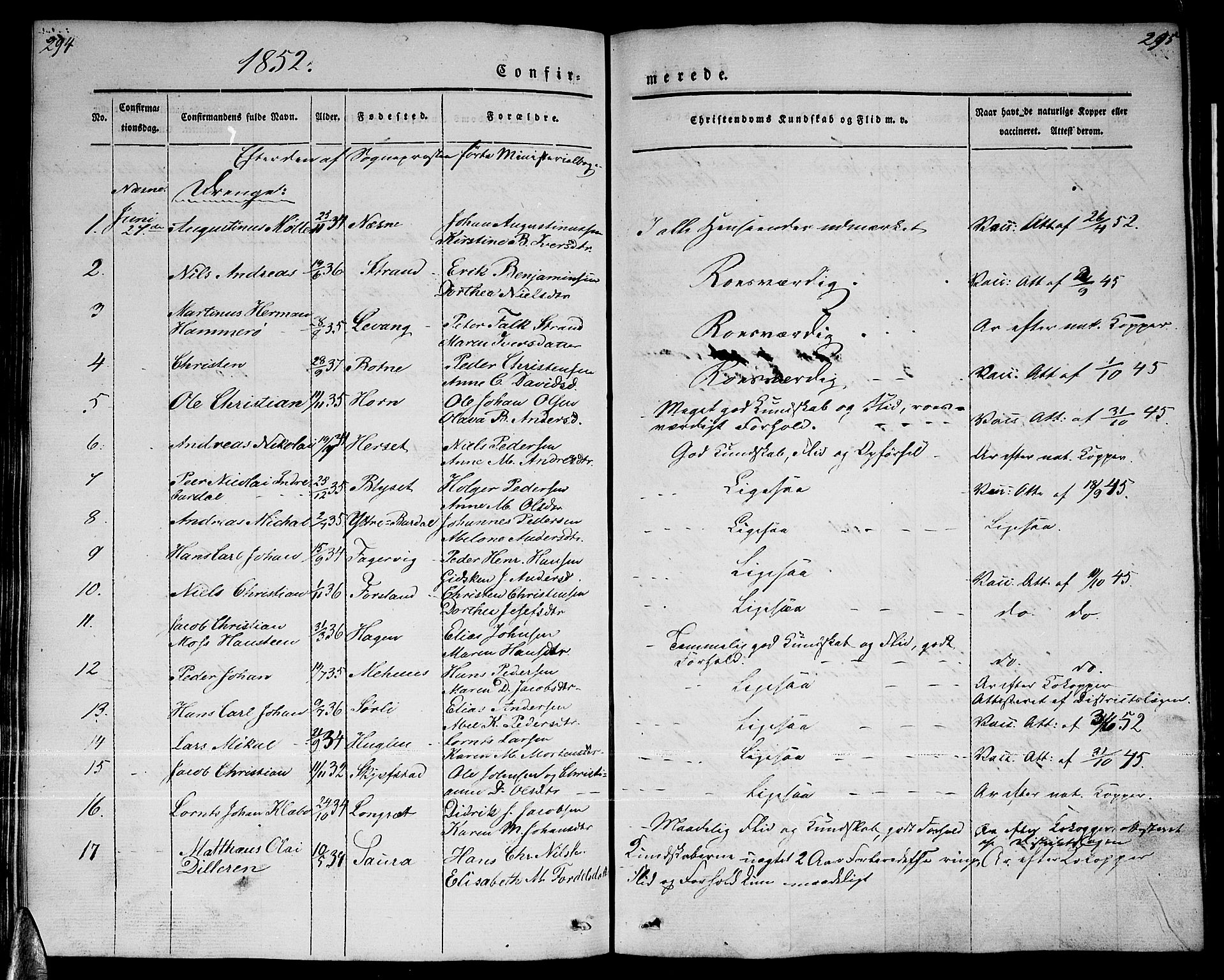 Ministerialprotokoller, klokkerbøker og fødselsregistre - Nordland, AV/SAT-A-1459/838/L0555: Parish register (copy) no. 838C02, 1842-1861, p. 294-295