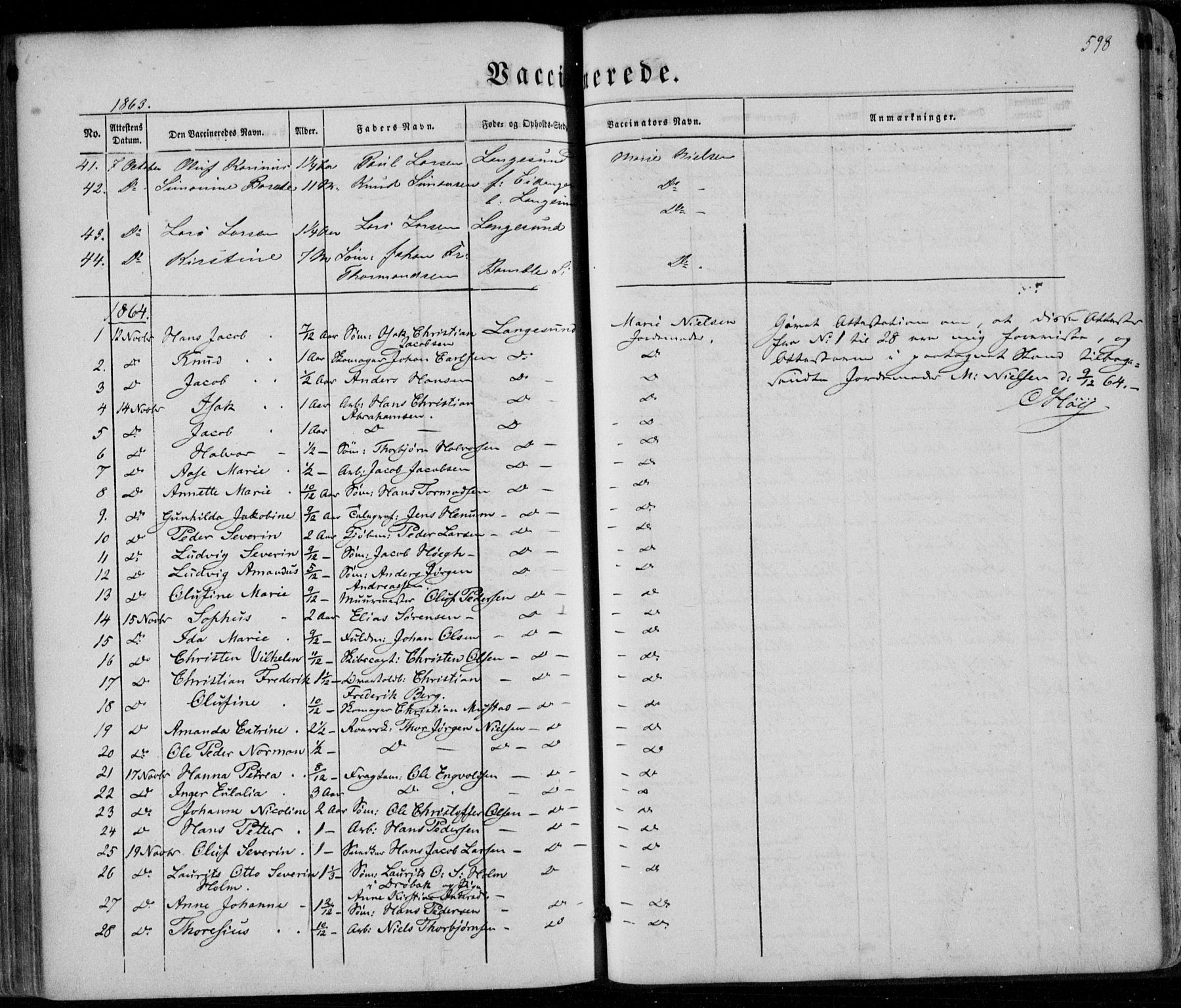 Bamble kirkebøker, SAKO/A-253/F/Fa/L0005: Parish register (official) no. I 5, 1854-1869, p. 598