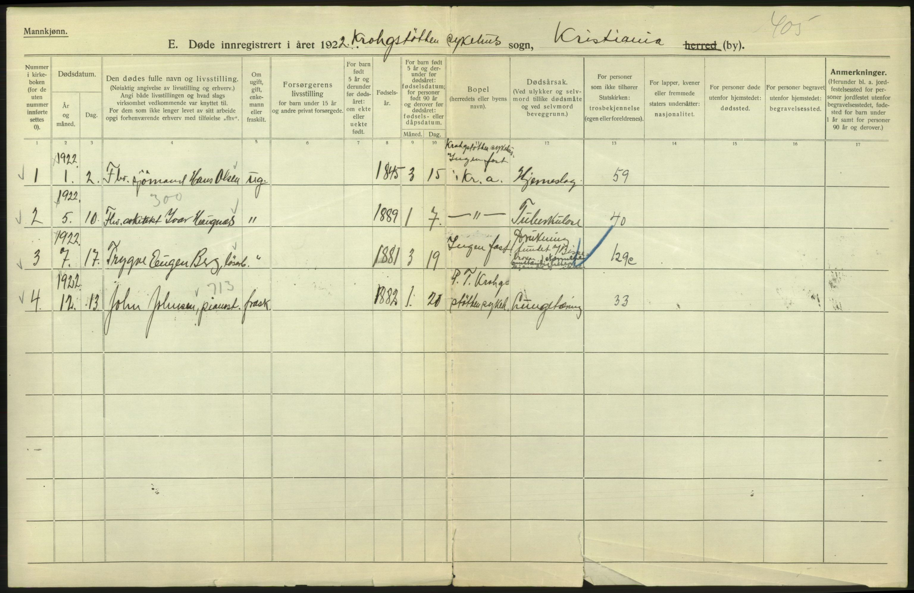 Statistisk sentralbyrå, Sosiodemografiske emner, Befolkning, AV/RA-S-2228/D/Df/Dfc/Dfcb/L0010: Kristiania: Døde, dødfødte, 1922, p. 702