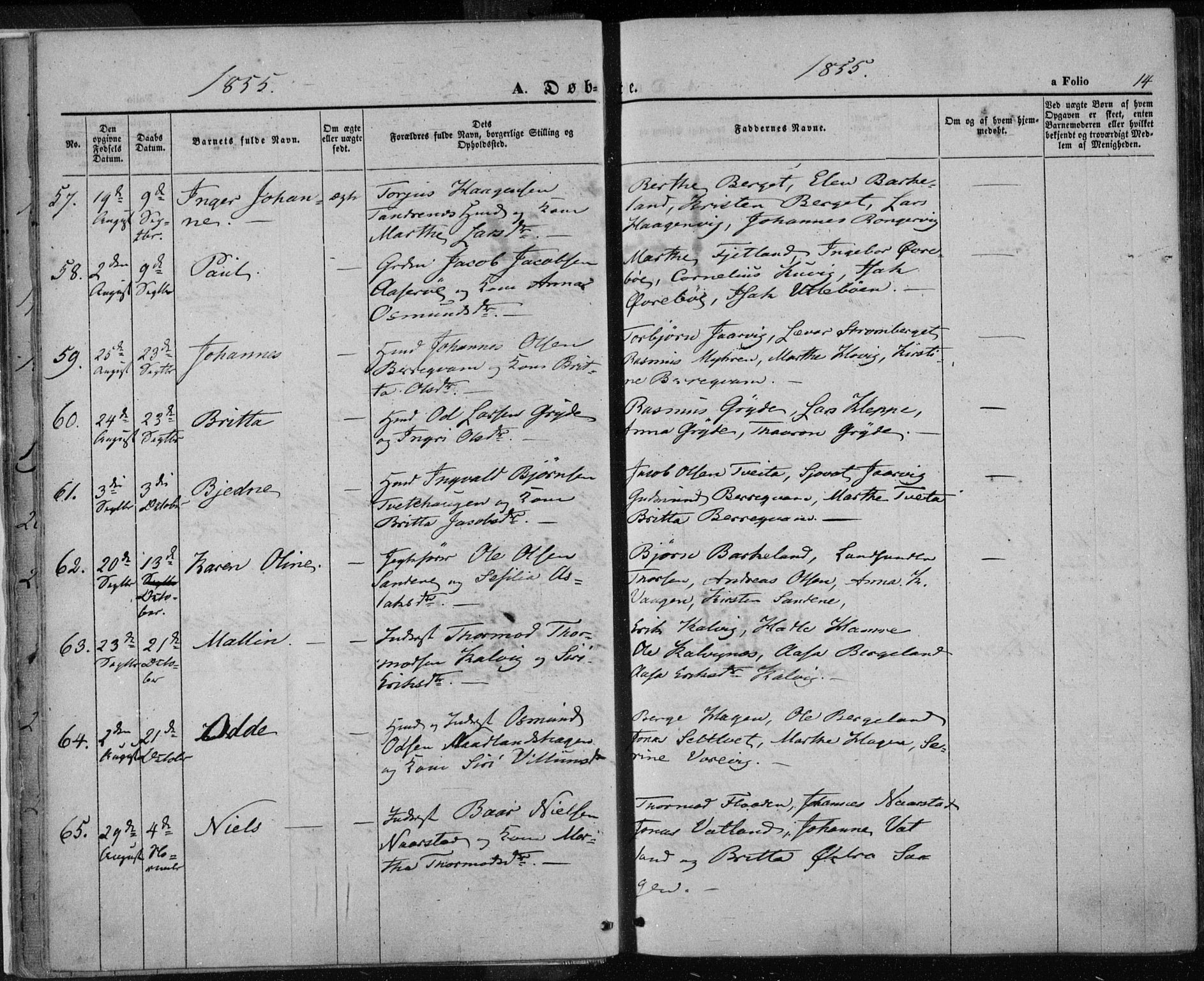 Jelsa sokneprestkontor, AV/SAST-A-101842/01/IV: Parish register (official) no. A 7, 1854-1866, p. 14