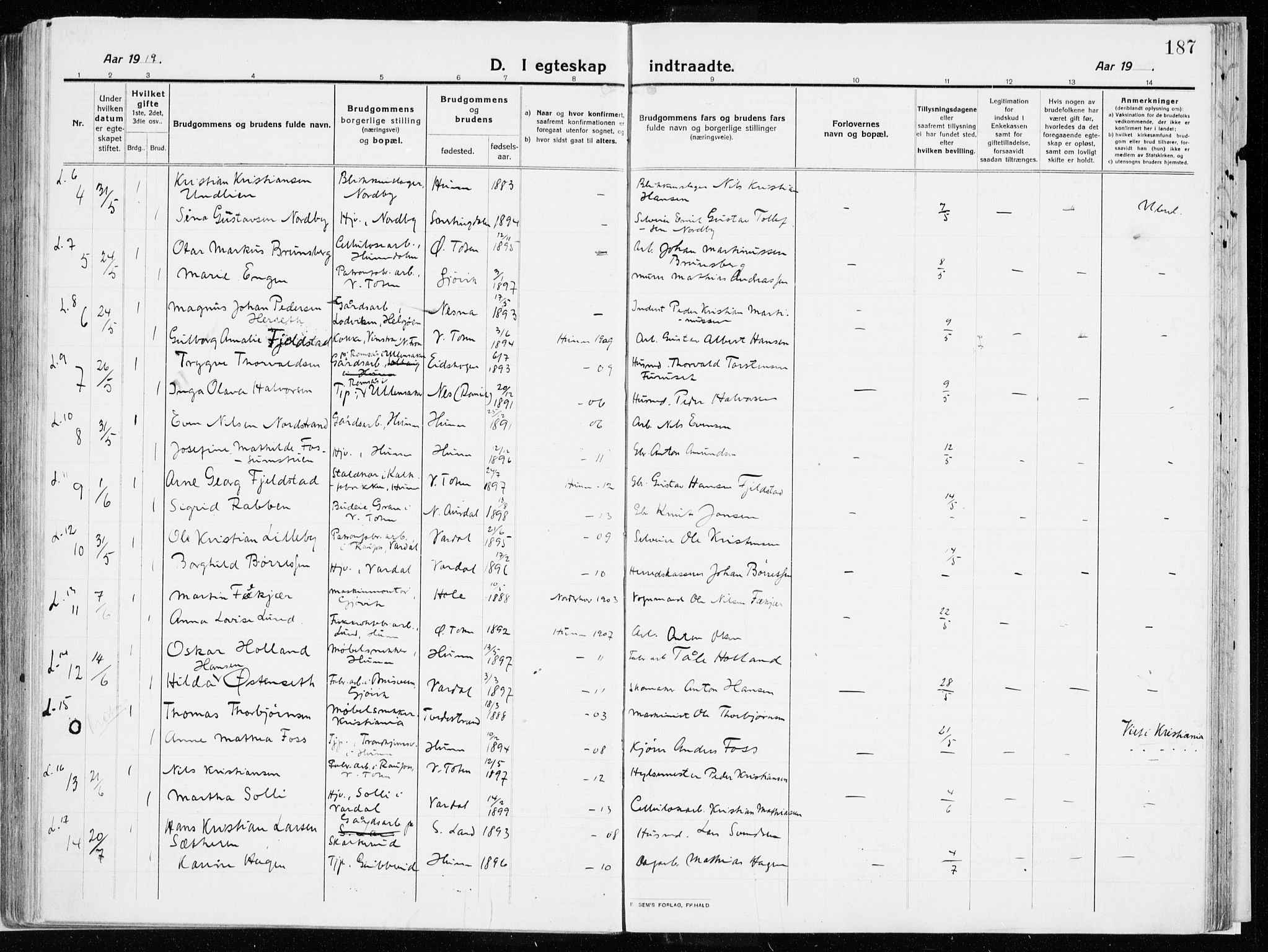 Vardal prestekontor, SAH/PREST-100/H/Ha/Haa/L0017: Parish register (official) no. 17, 1915-1929, p. 187