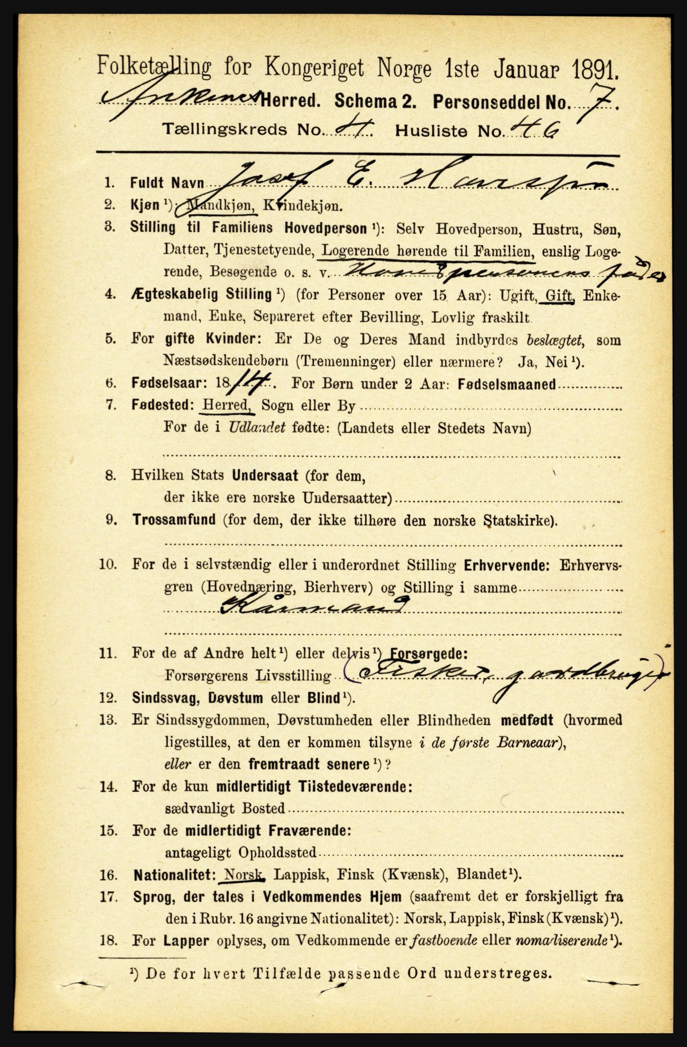 RA, 1891 census for 1855 Ankenes, 1891, p. 2622