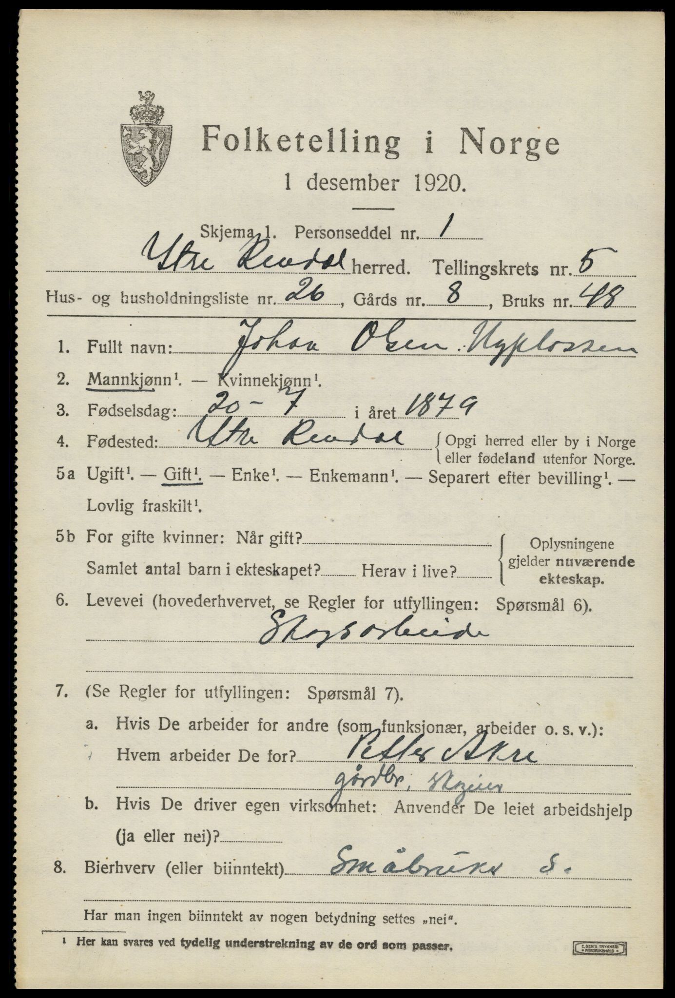 SAH, 1920 census for Ytre Rendal, 1920, p. 2937
