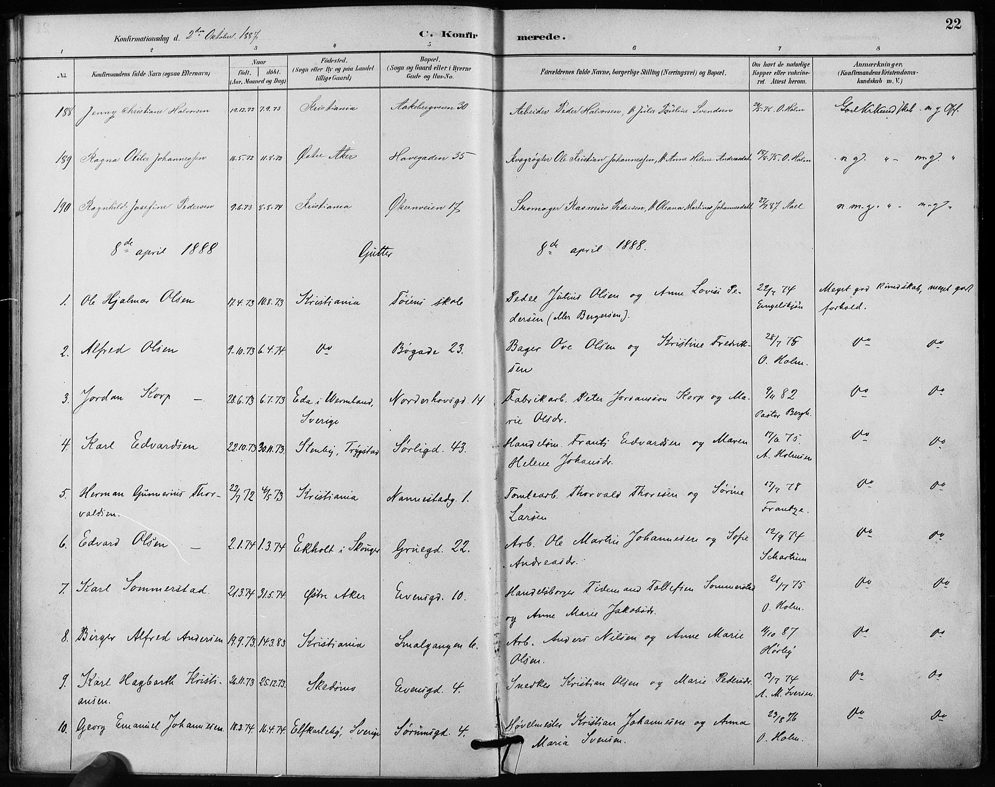 Kampen prestekontor Kirkebøker, AV/SAO-A-10853/F/Fa/L0004: Parish register (official) no. I 4, 1885-1892, p. 22