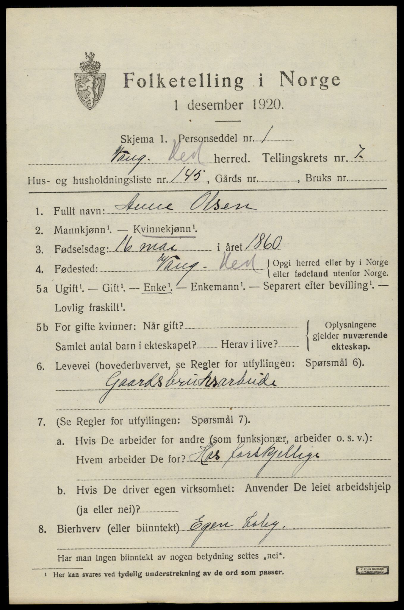 SAH, 1920 census for Vang (Hedmark), 1920, p. 17449