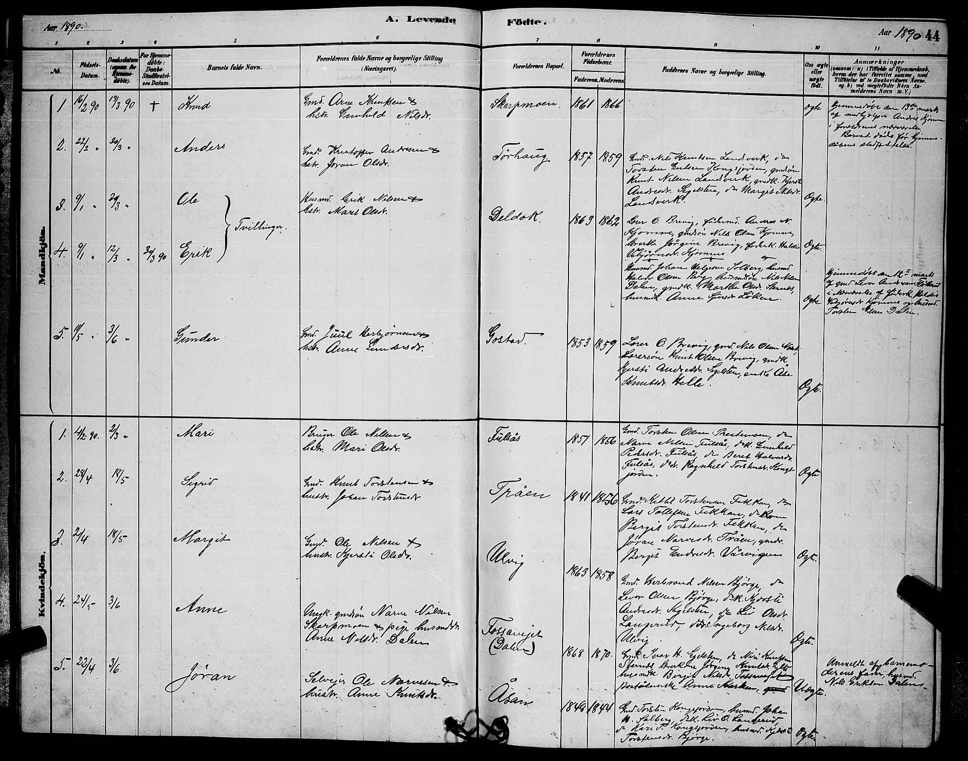 Rollag kirkebøker, SAKO/A-240/G/Ga/L0004: Parish register (copy) no. I 4, 1878-1903, p. 44