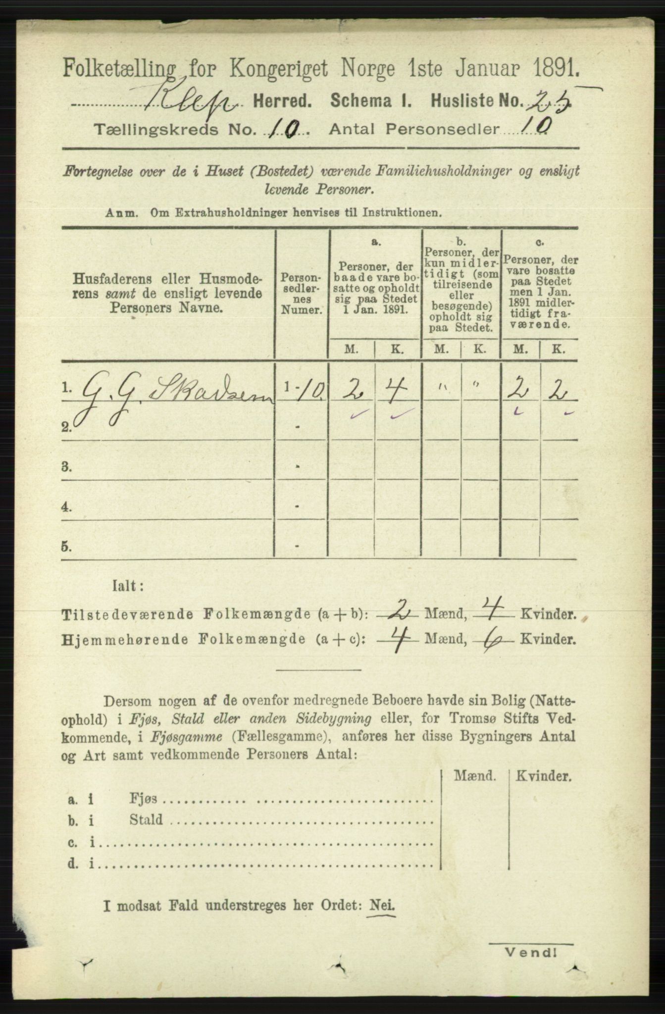 RA, 1891 census for 1120 Klepp, 1891, p. 2843