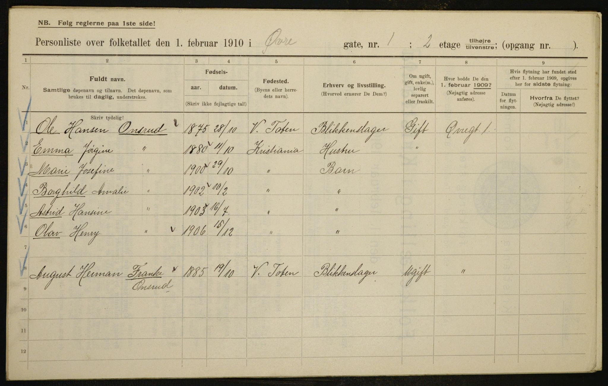 OBA, Municipal Census 1910 for Kristiania, 1910, p. 123021