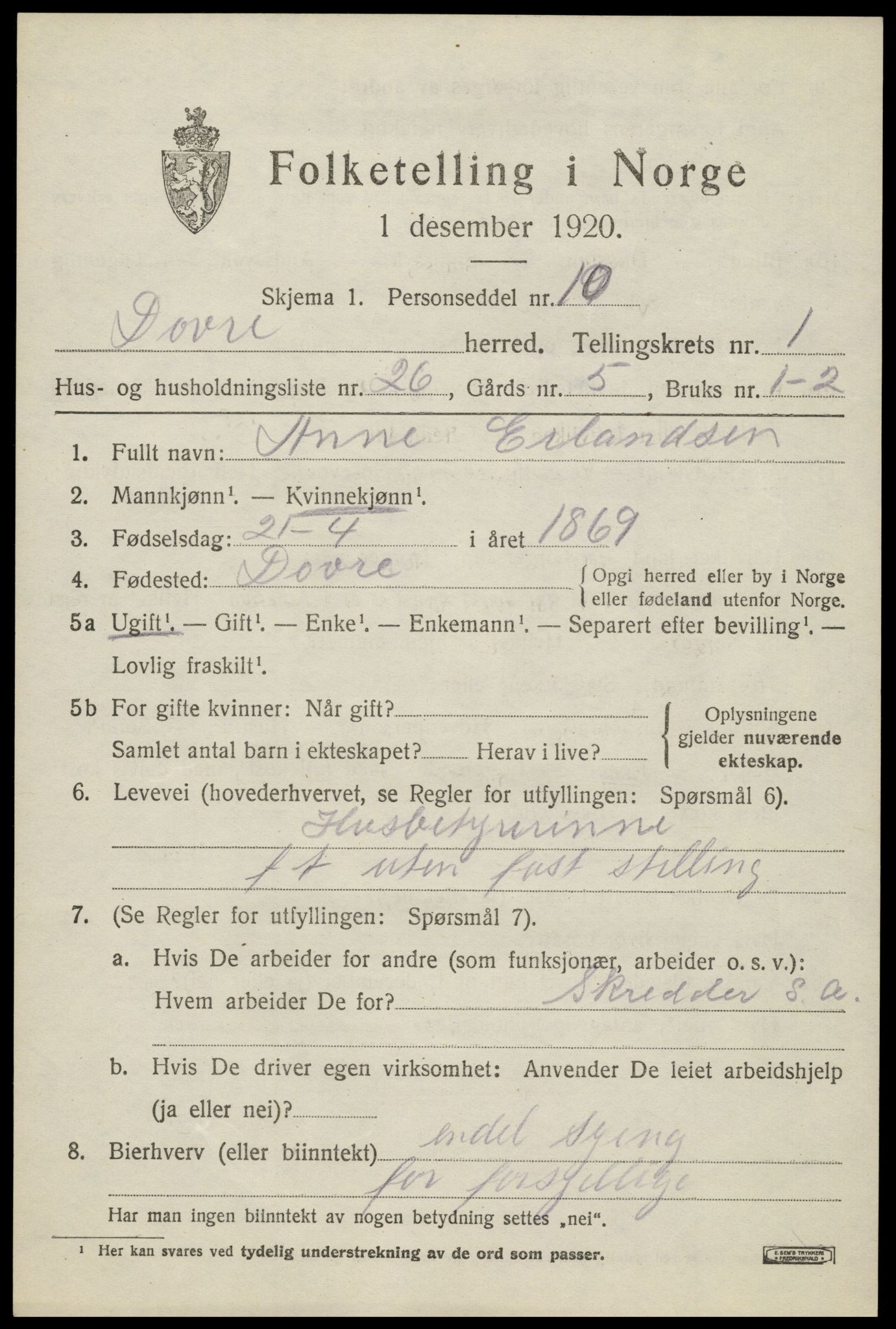 SAH, 1920 census for Dovre, 1920, p. 1248