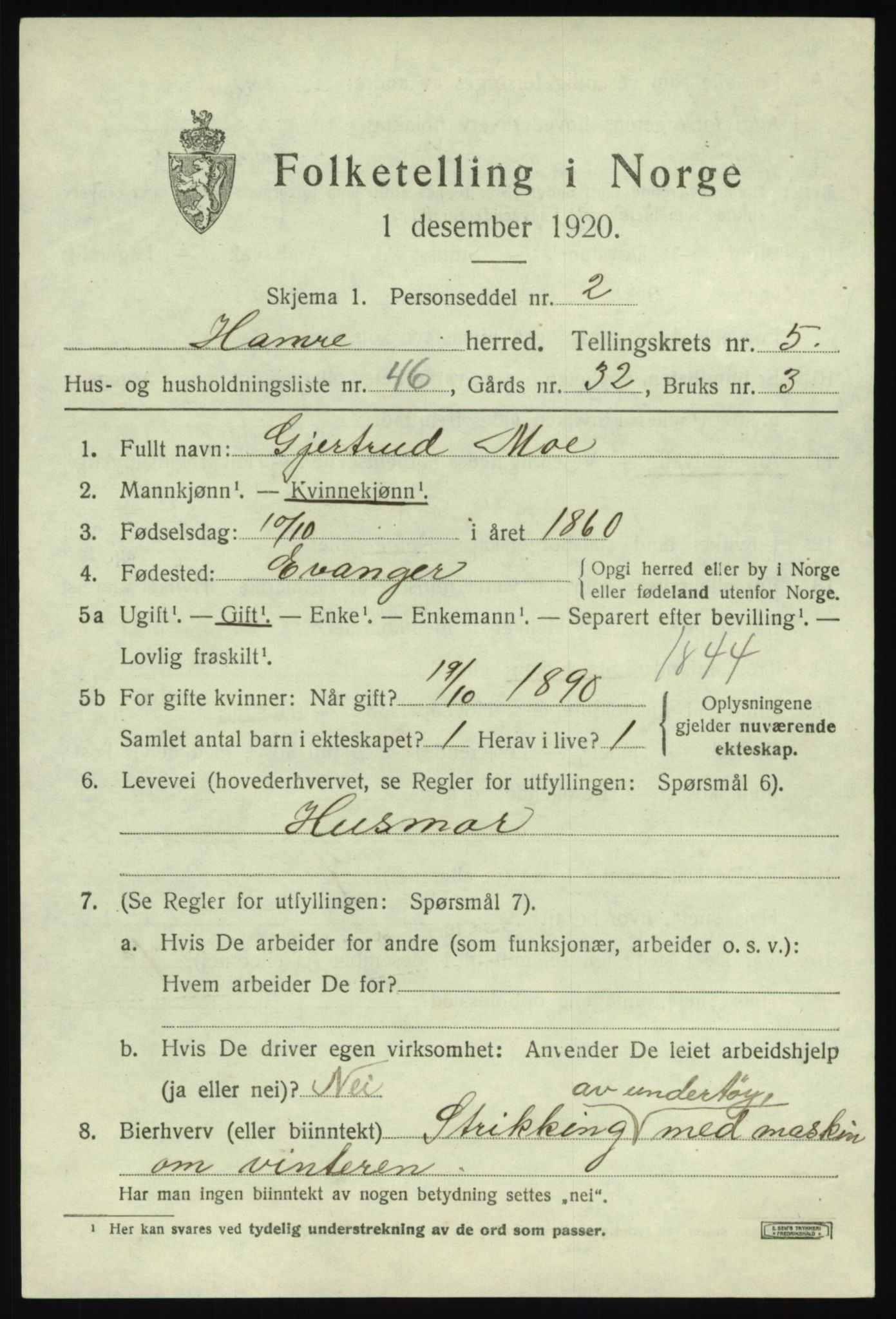 SAB, 1920 census for Hamre, 1920, p. 3433