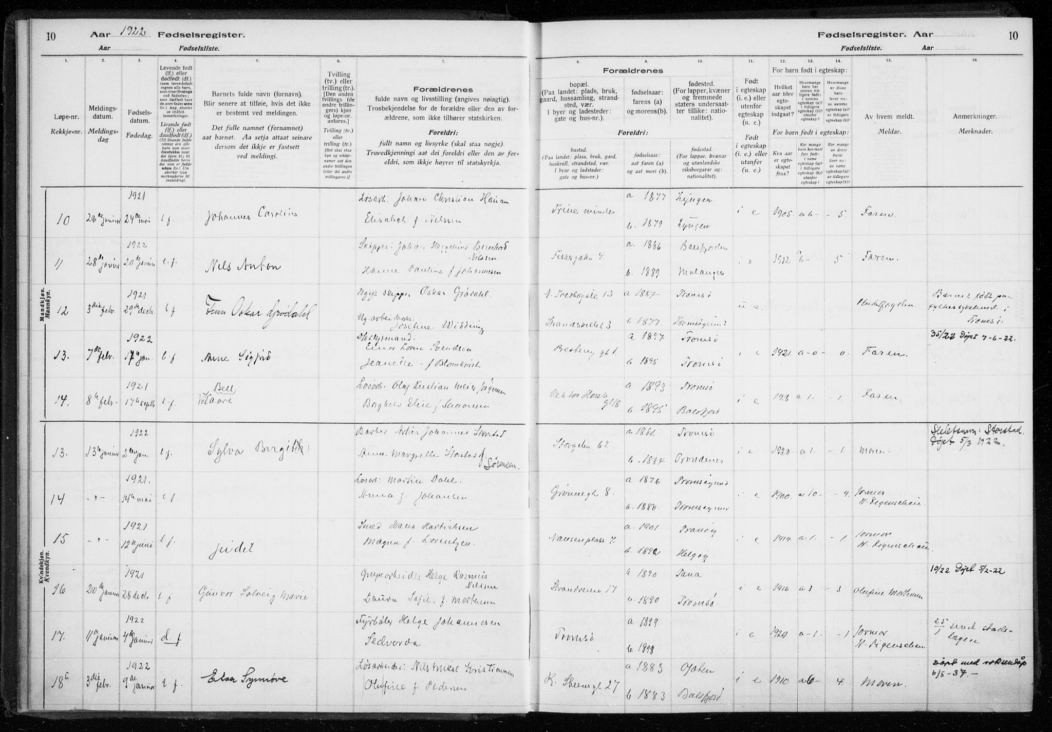 Tromsø sokneprestkontor/stiftsprosti/domprosti, AV/SATØ-S-1343/H/Ha/L0132: Birth register no. 132, 1921-1927, p. 10