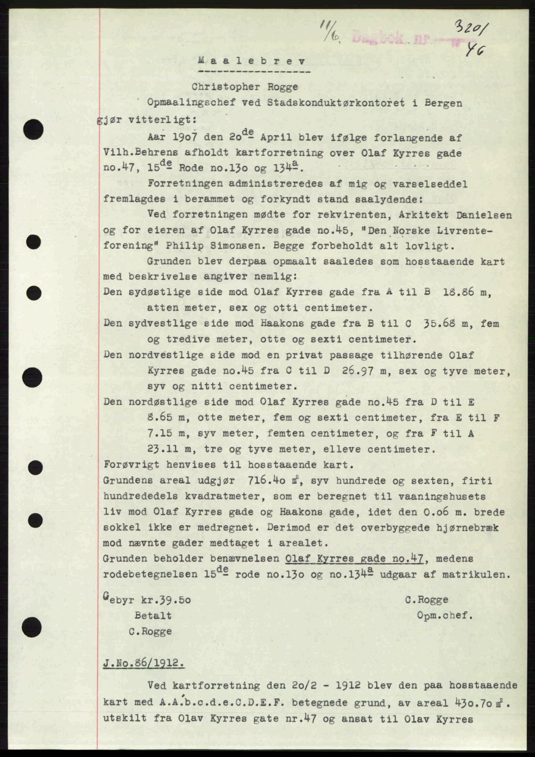 Byfogd og Byskriver i Bergen, SAB/A-3401/03/03Bc/L0022: Mortgage book no. A18, 1946-1946, Diary no: : 3201/1946