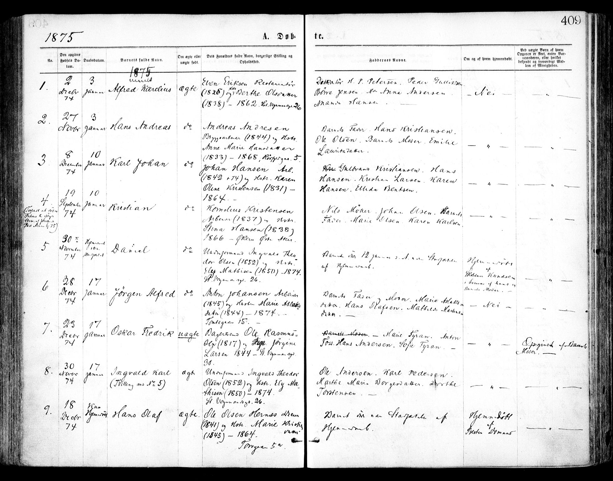 Oslo domkirke Kirkebøker, SAO/A-10752/F/Fa/L0017: Parish register (official) no. 17, 1869-1878, p. 409