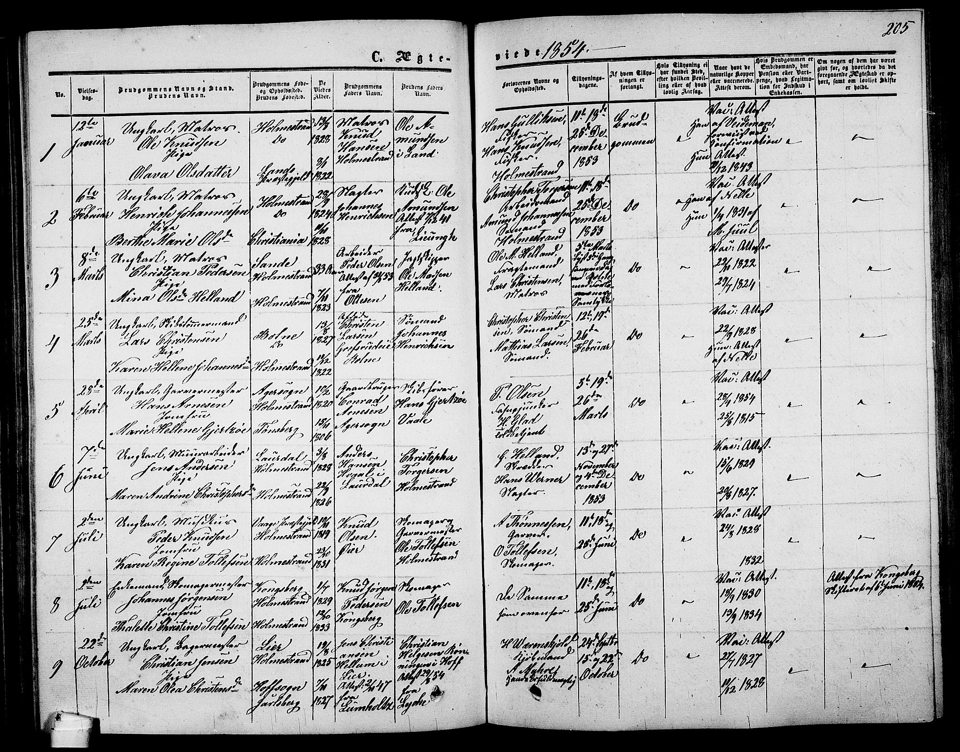 Holmestrand kirkebøker, AV/SAKO-A-346/G/Ga/L0003: Parish register (copy) no. 3, 1849-1874, p. 205