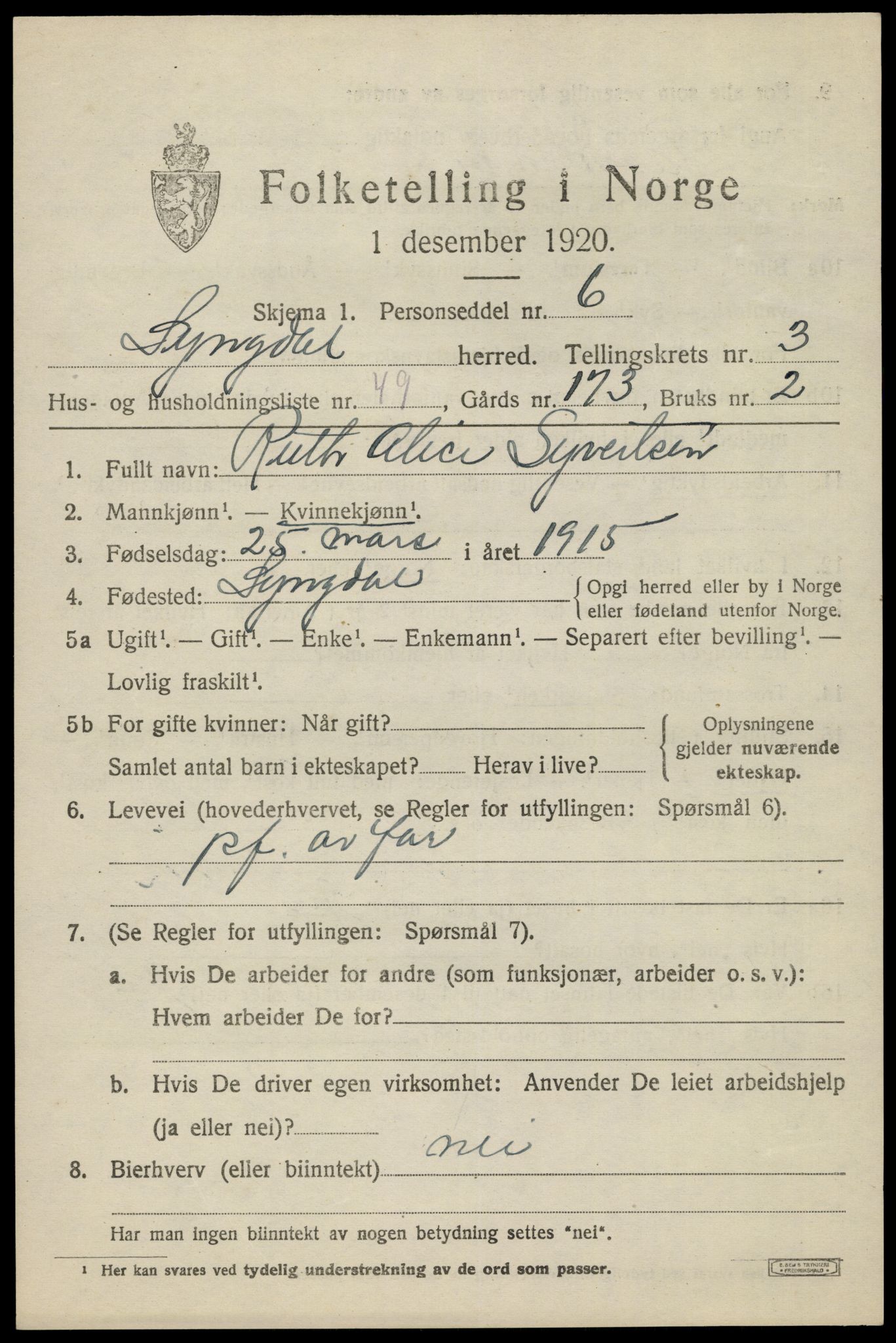 SAK, 1920 census for Lyngdal, 1920, p. 2317