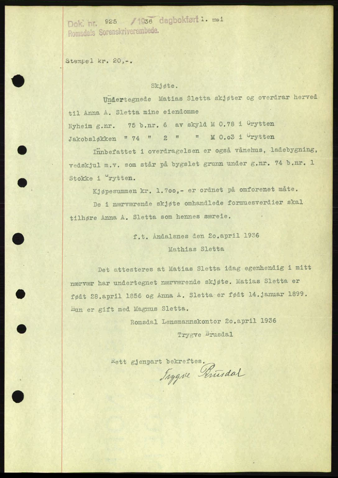 Romsdal sorenskriveri, AV/SAT-A-4149/1/2/2C: Mortgage book no. A1, 1936-1936, Diary no: : 925/1936