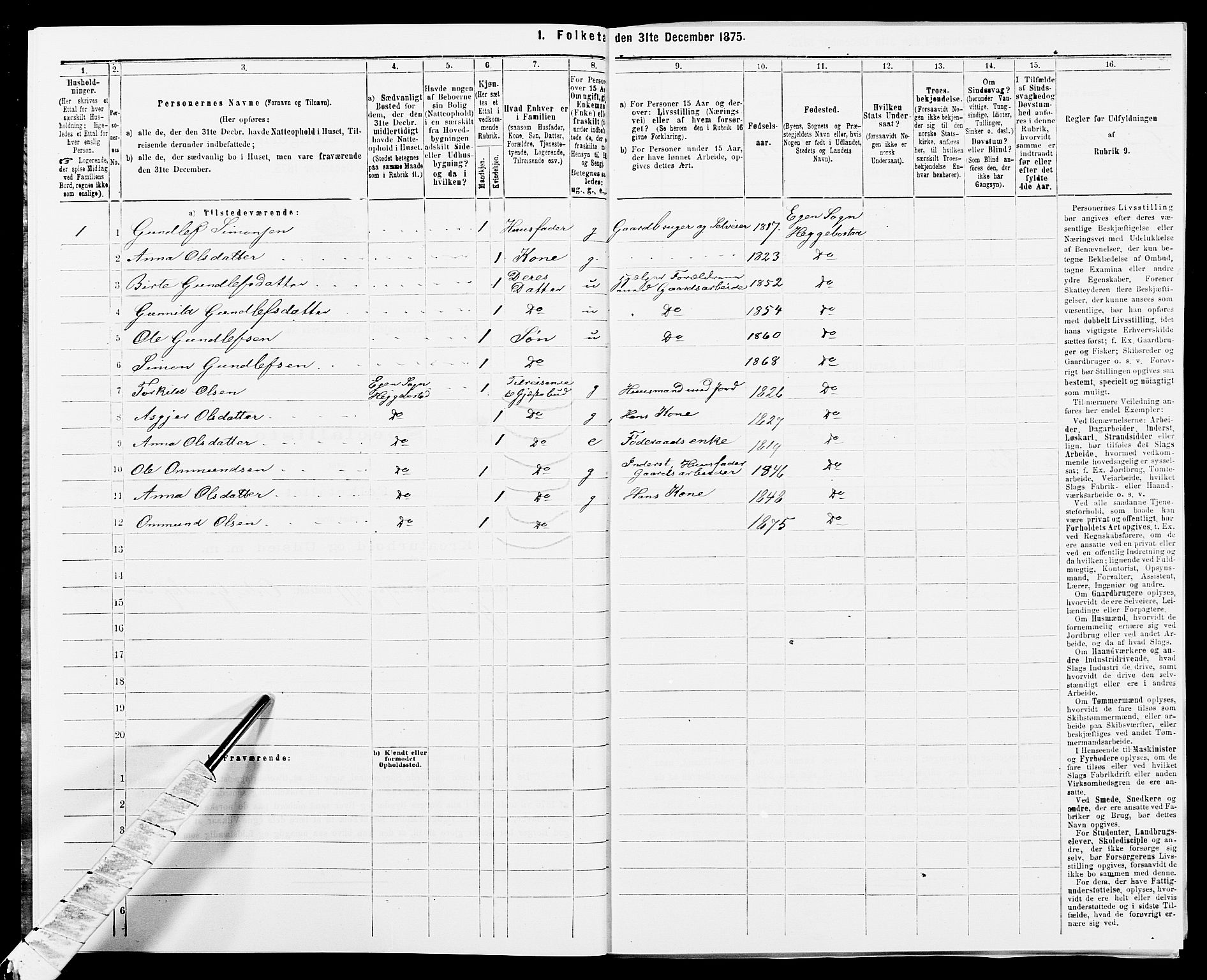 SAK, 1875 census for 1034P Hægebostad, 1875, p. 723