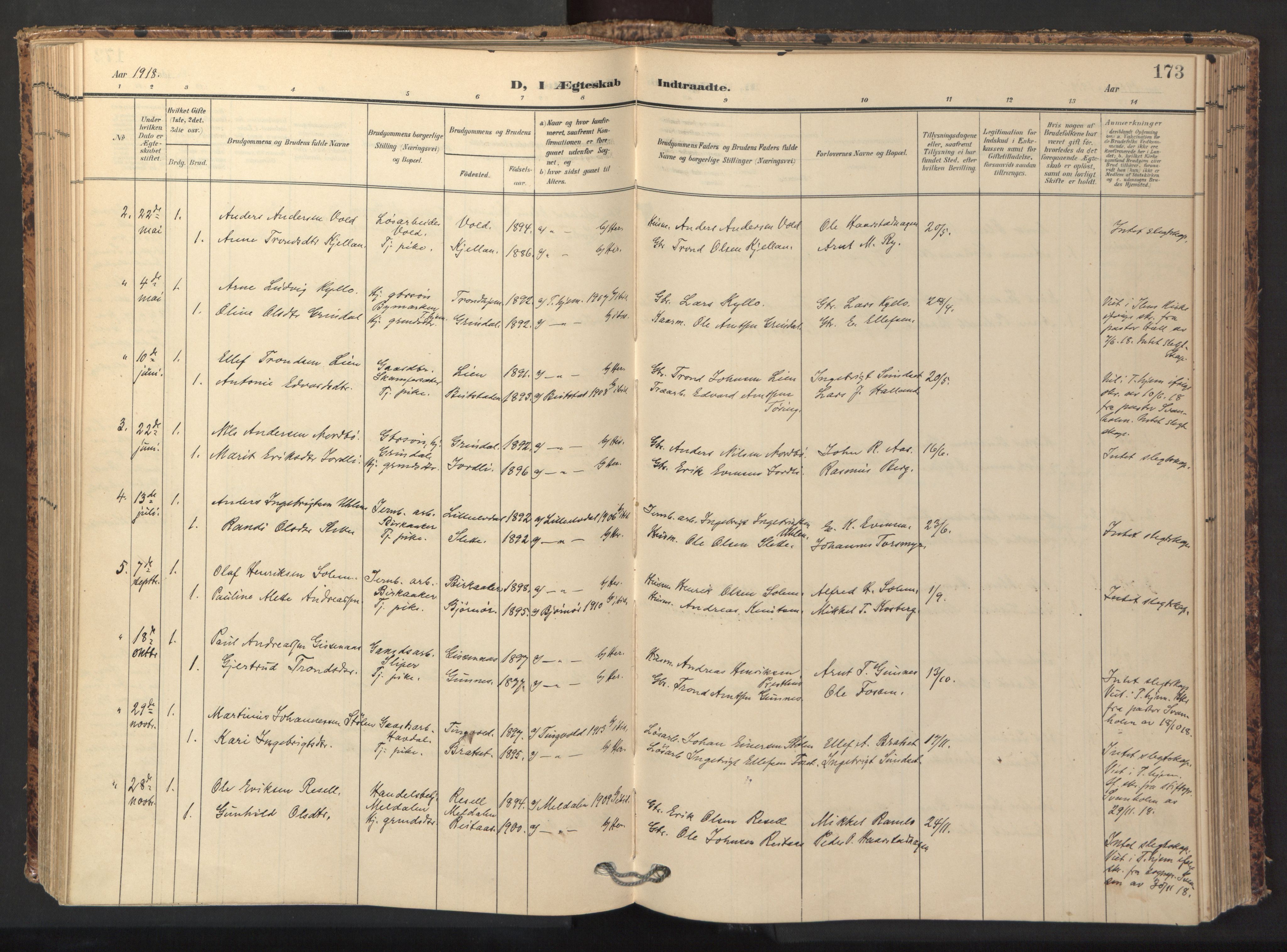 Ministerialprotokoller, klokkerbøker og fødselsregistre - Sør-Trøndelag, AV/SAT-A-1456/674/L0873: Parish register (official) no. 674A05, 1908-1923, p. 173