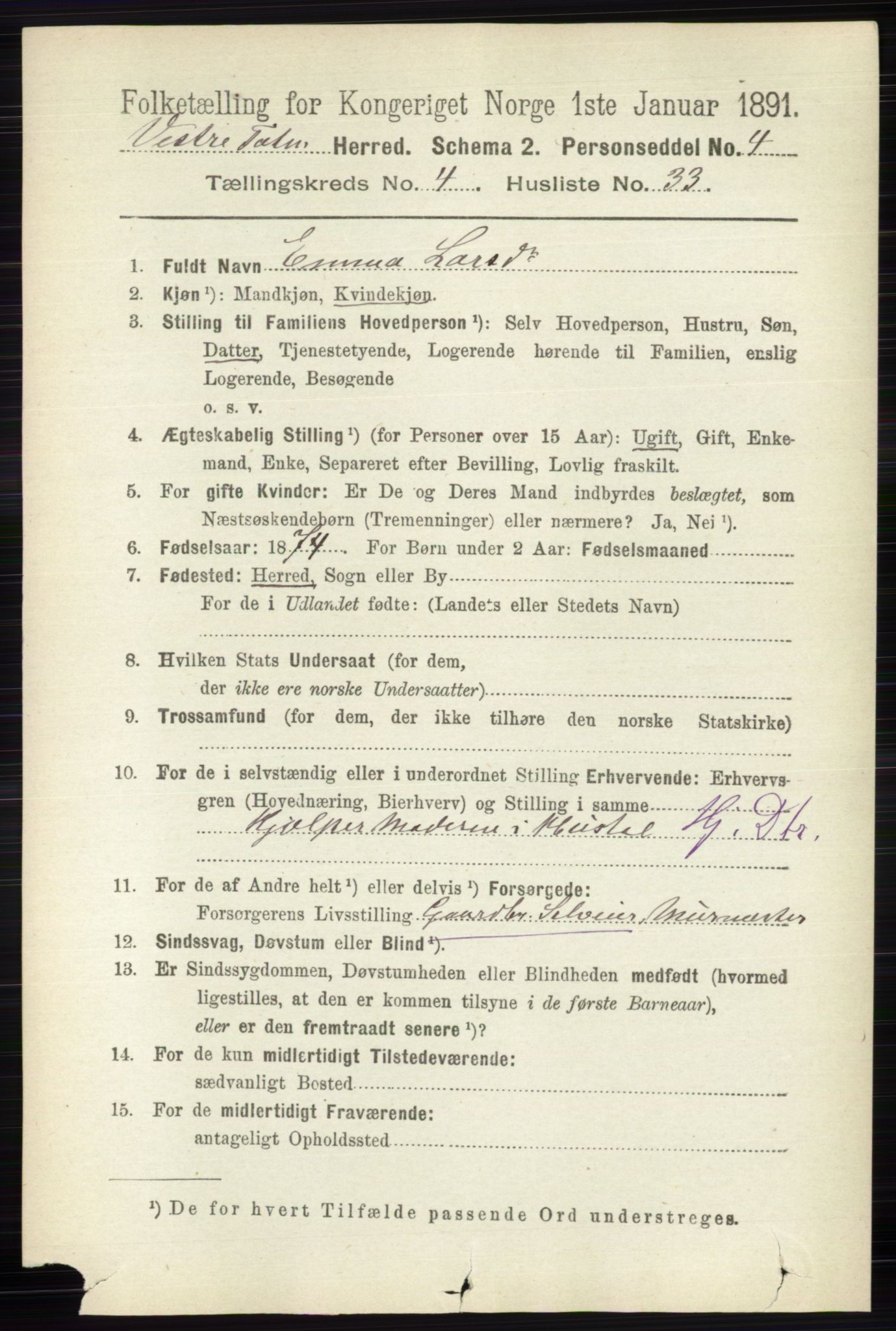 RA, 1891 census for 0529 Vestre Toten, 1891, p. 2898