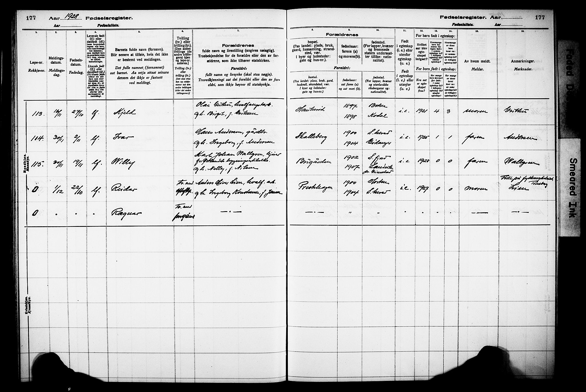 Sandar kirkebøker, AV/SAKO-A-243/J/Ja/L0002: Birth register no. 2, 1922-1929, p. 177