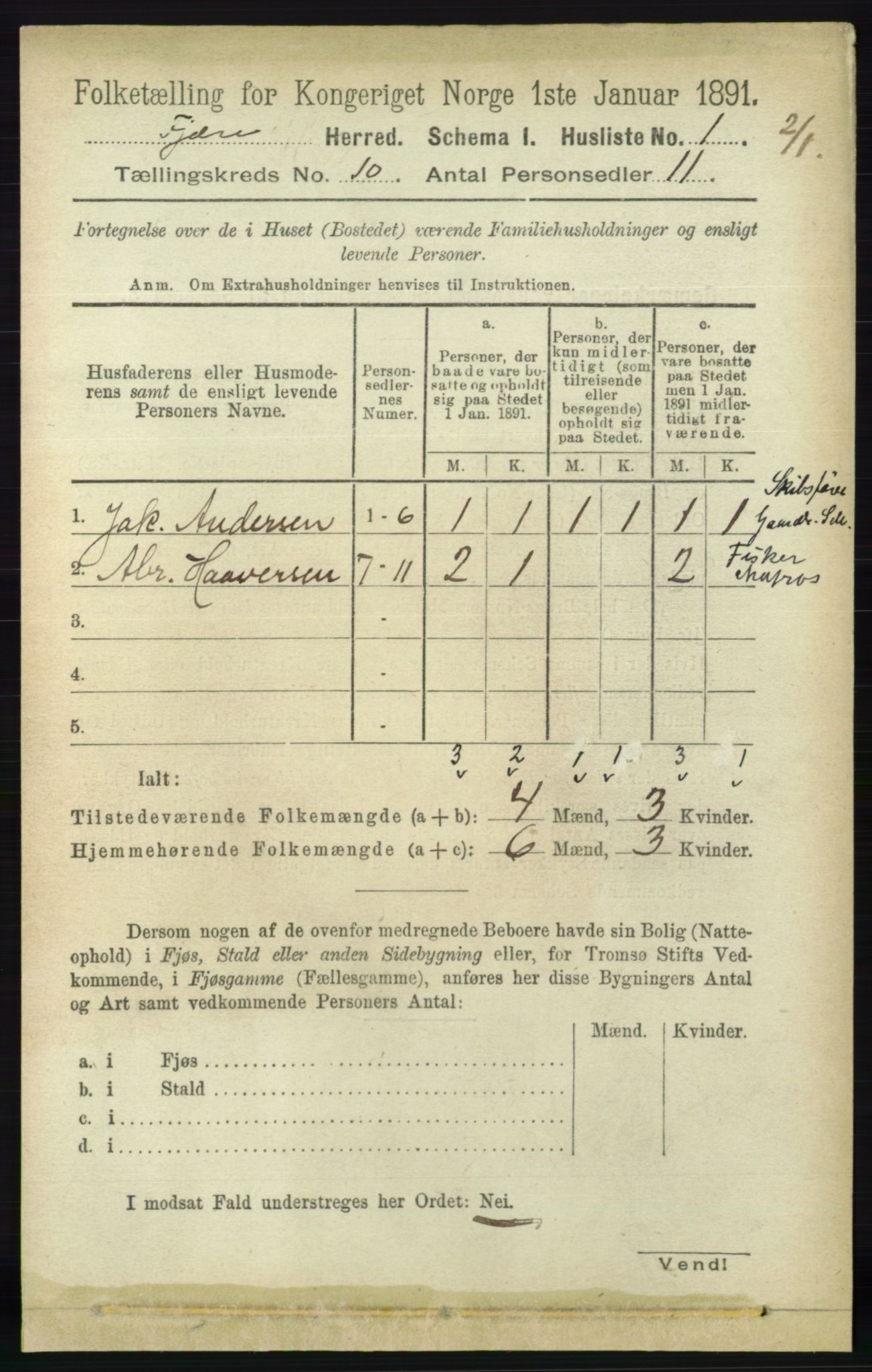 RA, 1891 census for 0923 Fjære, 1891, p. 4915