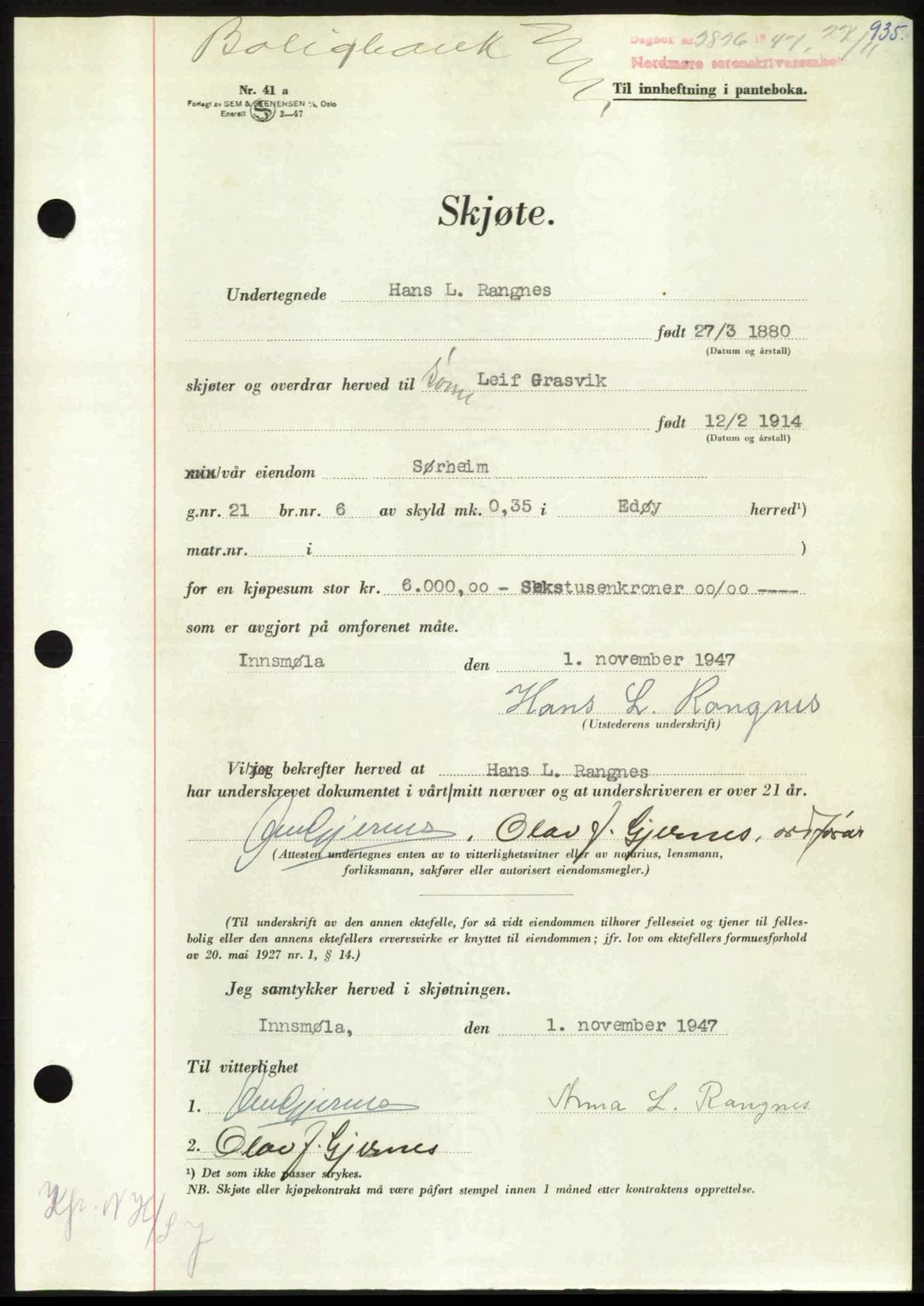 Nordmøre sorenskriveri, AV/SAT-A-4132/1/2/2Ca: Mortgage book no. A106, 1947-1947, Diary no: : 2826/1947