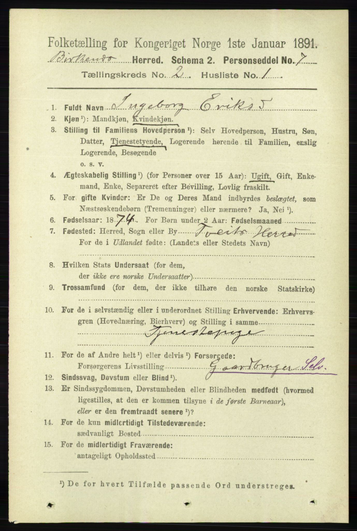 RA, 1891 Census for 0928 Birkenes, 1891, p. 506