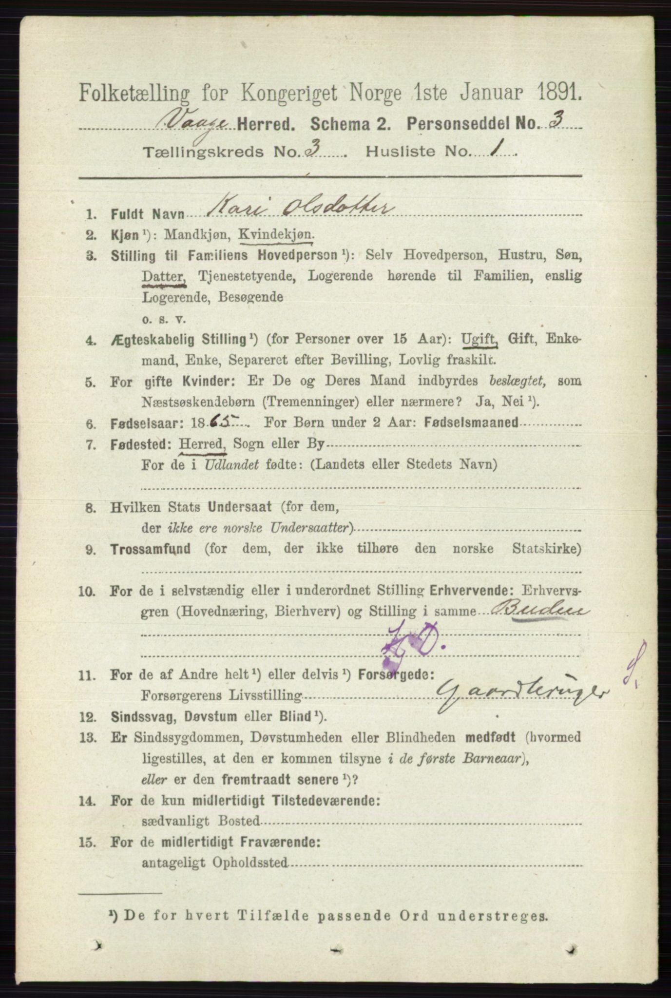 RA, 1891 census for 0515 Vågå, 1891, p. 2329