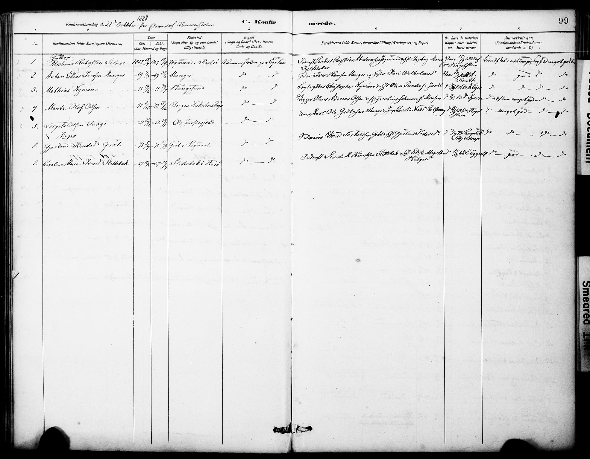 Fana Sokneprestembete, AV/SAB-A-75101/H/Haa/Haai/L0002: Parish register (official) no. I 2, 1888-1899, p. 99