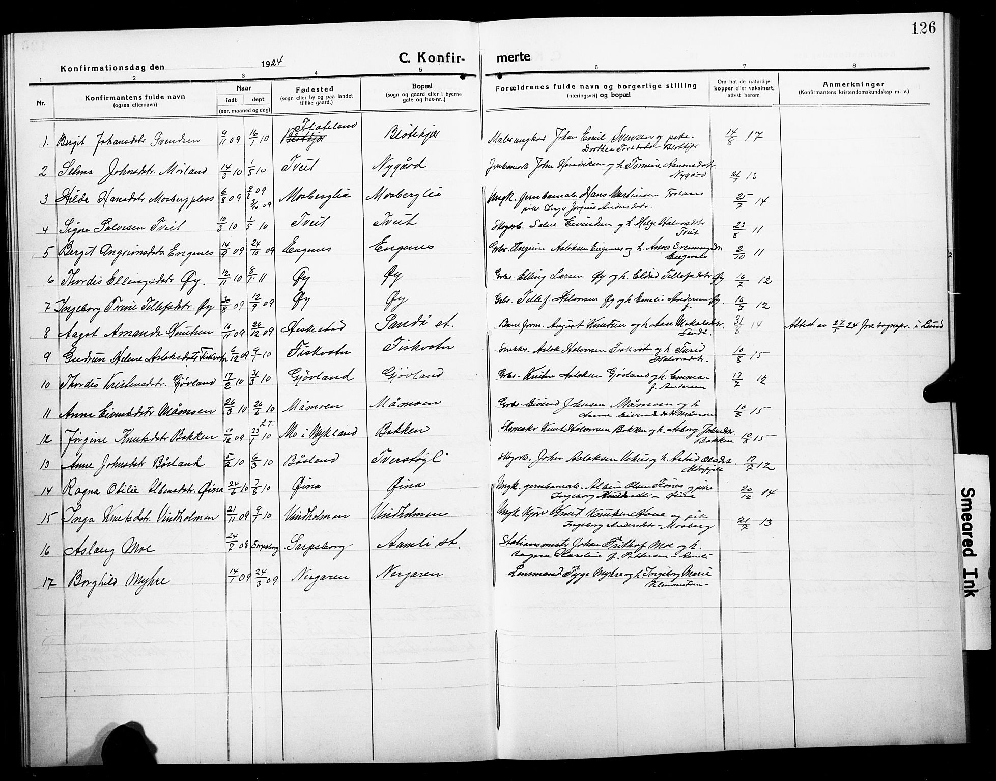Åmli sokneprestkontor, SAK/1111-0050/F/Fb/Fbc/L0006: Parish register (copy) no. B 6, 1915-1929, p. 126