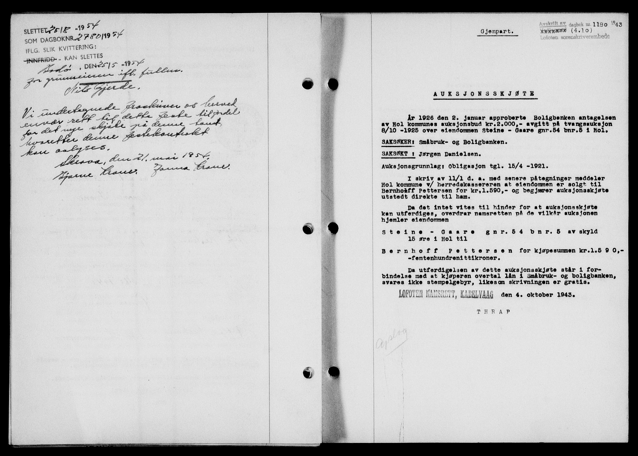 Lofoten sorenskriveri, SAT/A-0017/1/2/2C/L0011a: Mortgage book no. 11a, 1943-1943, Diary no: : 1180/1943