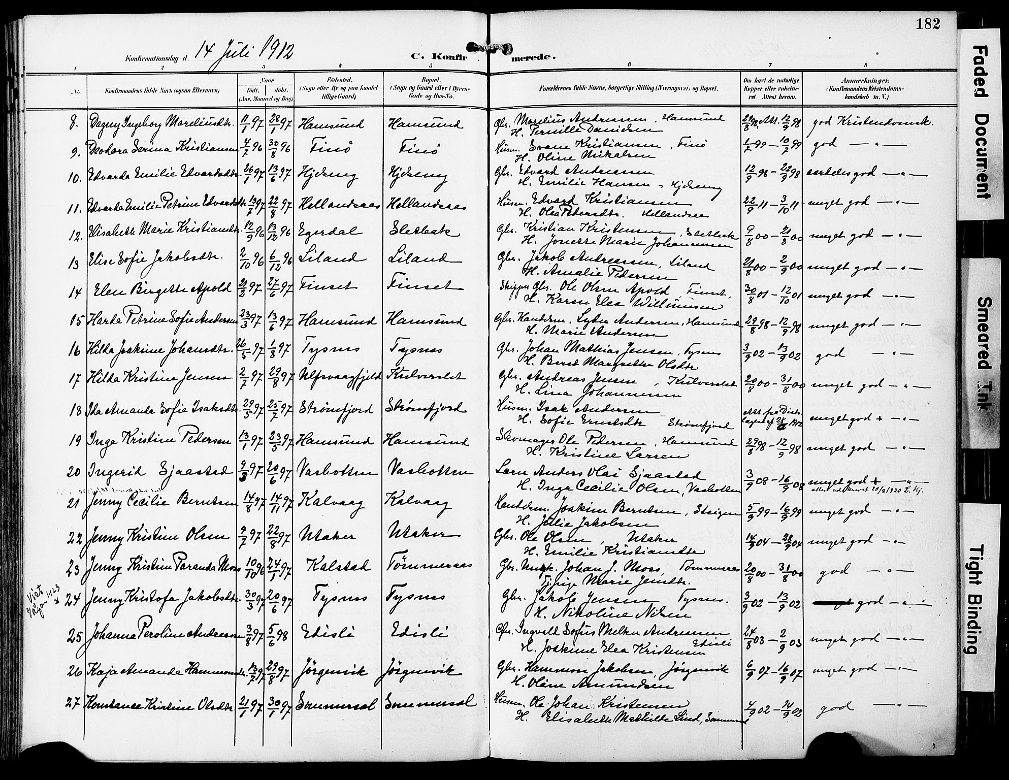 Ministerialprotokoller, klokkerbøker og fødselsregistre - Nordland, AV/SAT-A-1459/859/L0848: Parish register (official) no. 859A08, 1900-1912, p. 182