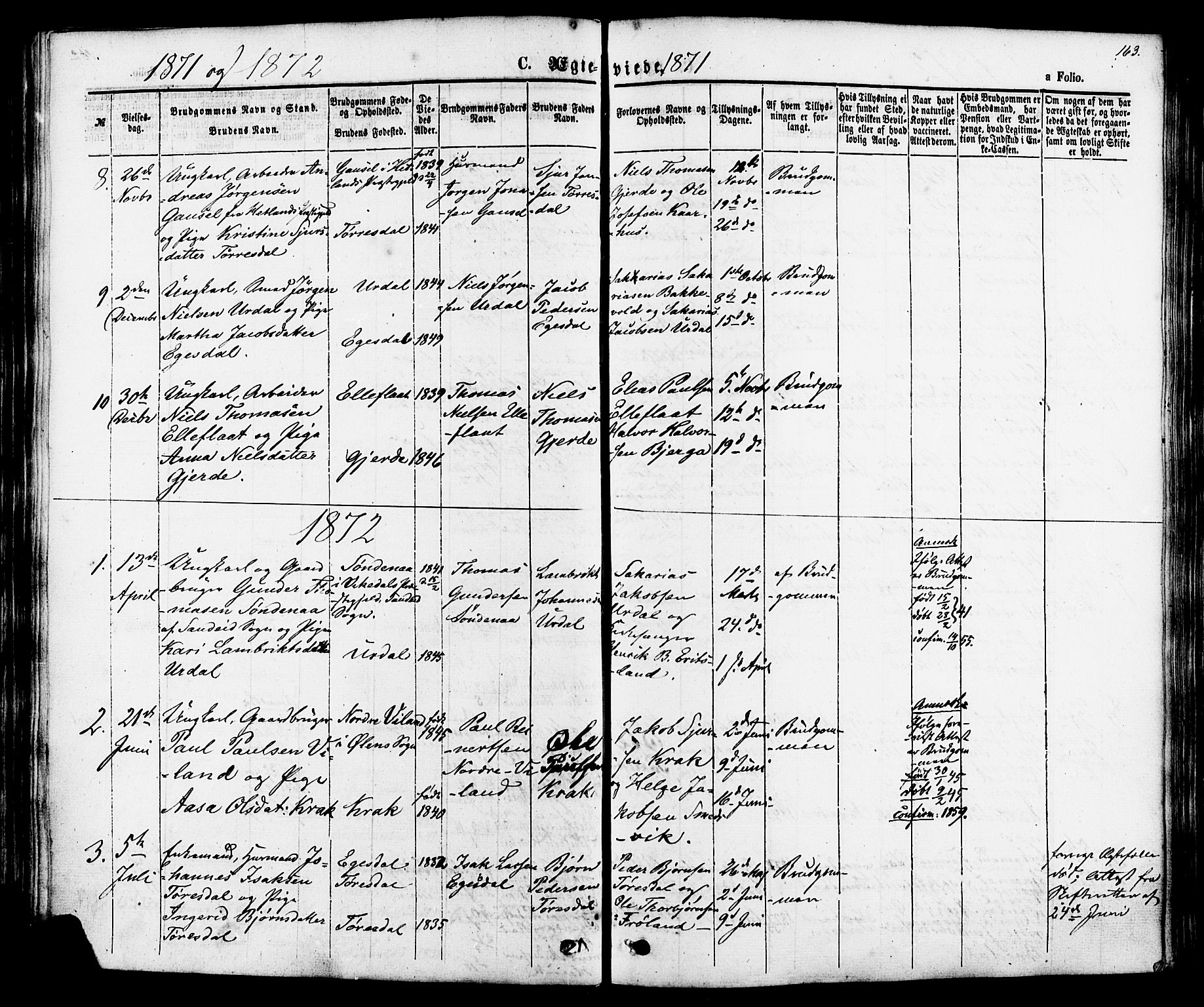 Skjold sokneprestkontor, AV/SAST-A-101847/H/Ha/Haa/L0007: Parish register (official) no. A 7, 1857-1882, p. 163