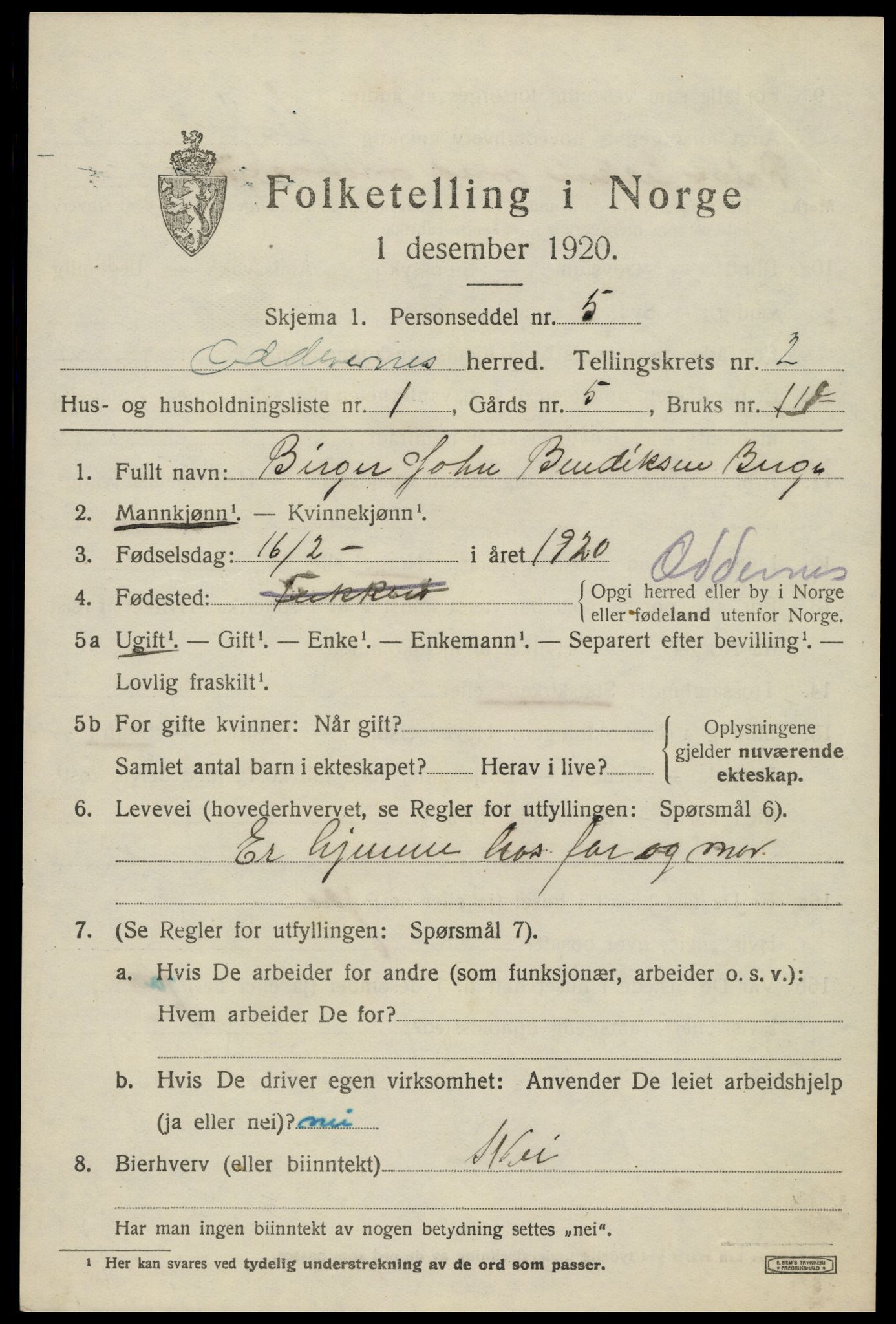 SAK, 1920 census for Oddernes, 1920, p. 2829