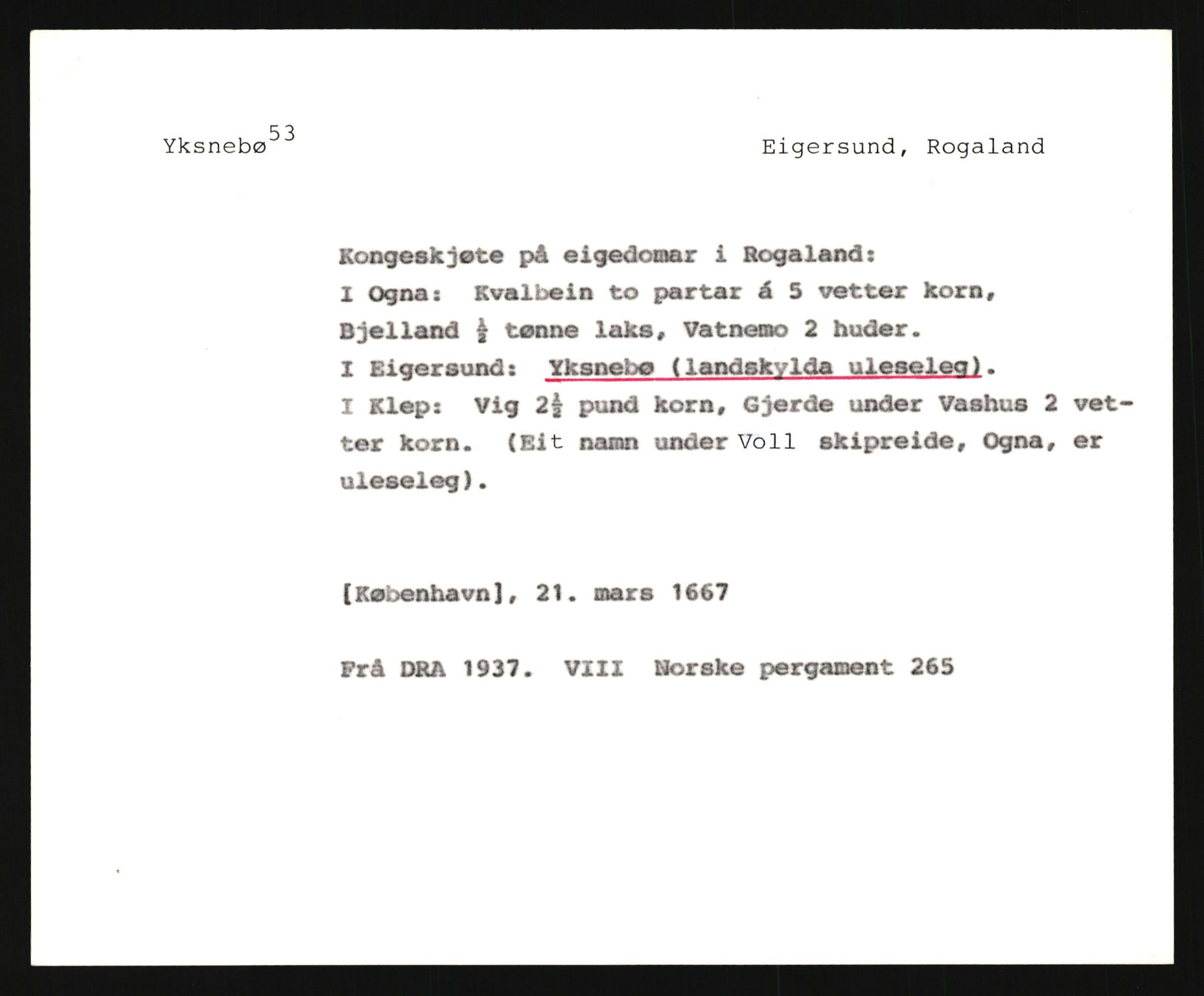 Riksarkivets diplomsamling, AV/RA-EA-5965/F35/F35e/L0027: Registreringssedler Rogaland, 1400-1700, p. 87