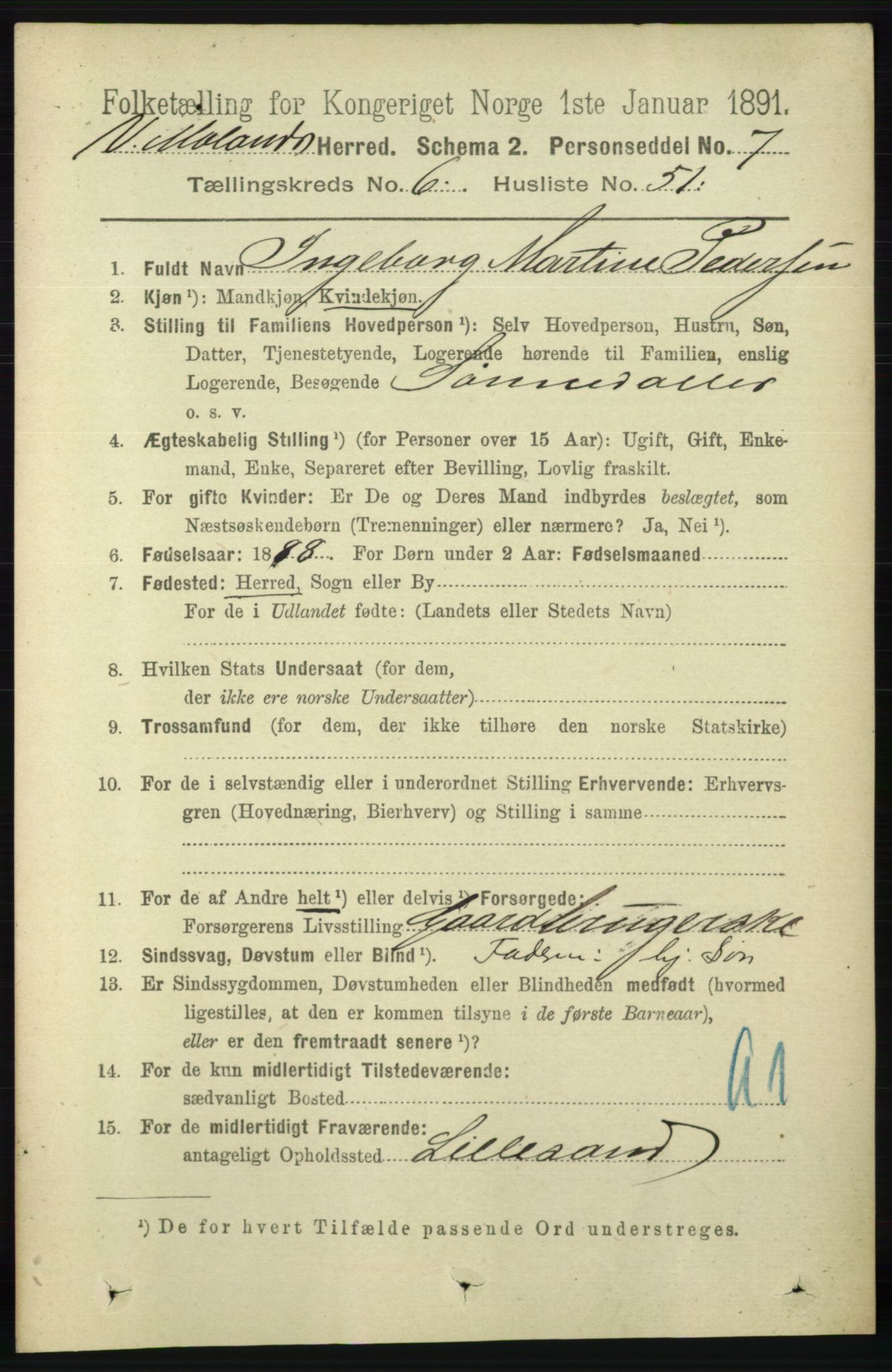 RA, 1891 census for 0926 Vestre Moland, 1891, p. 2618