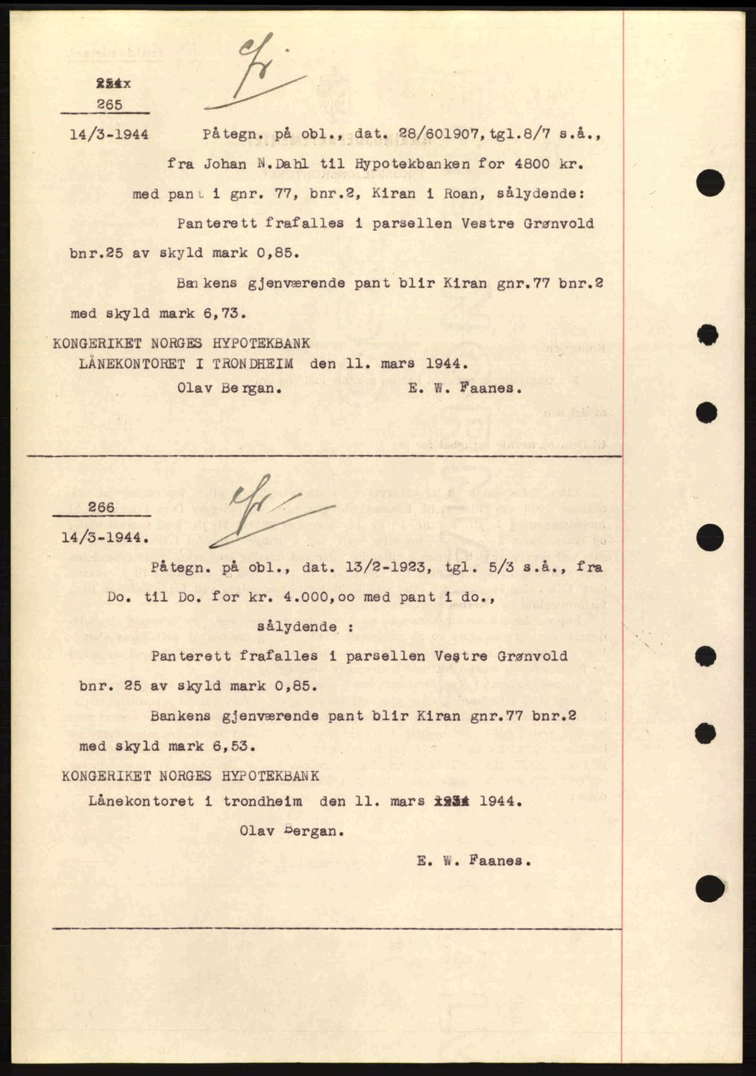 Fosen sorenskriveri, AV/SAT-A-1107/1/2/2C: Mortgage book no. B1, 1943-1945, Diary no: : 265/1943