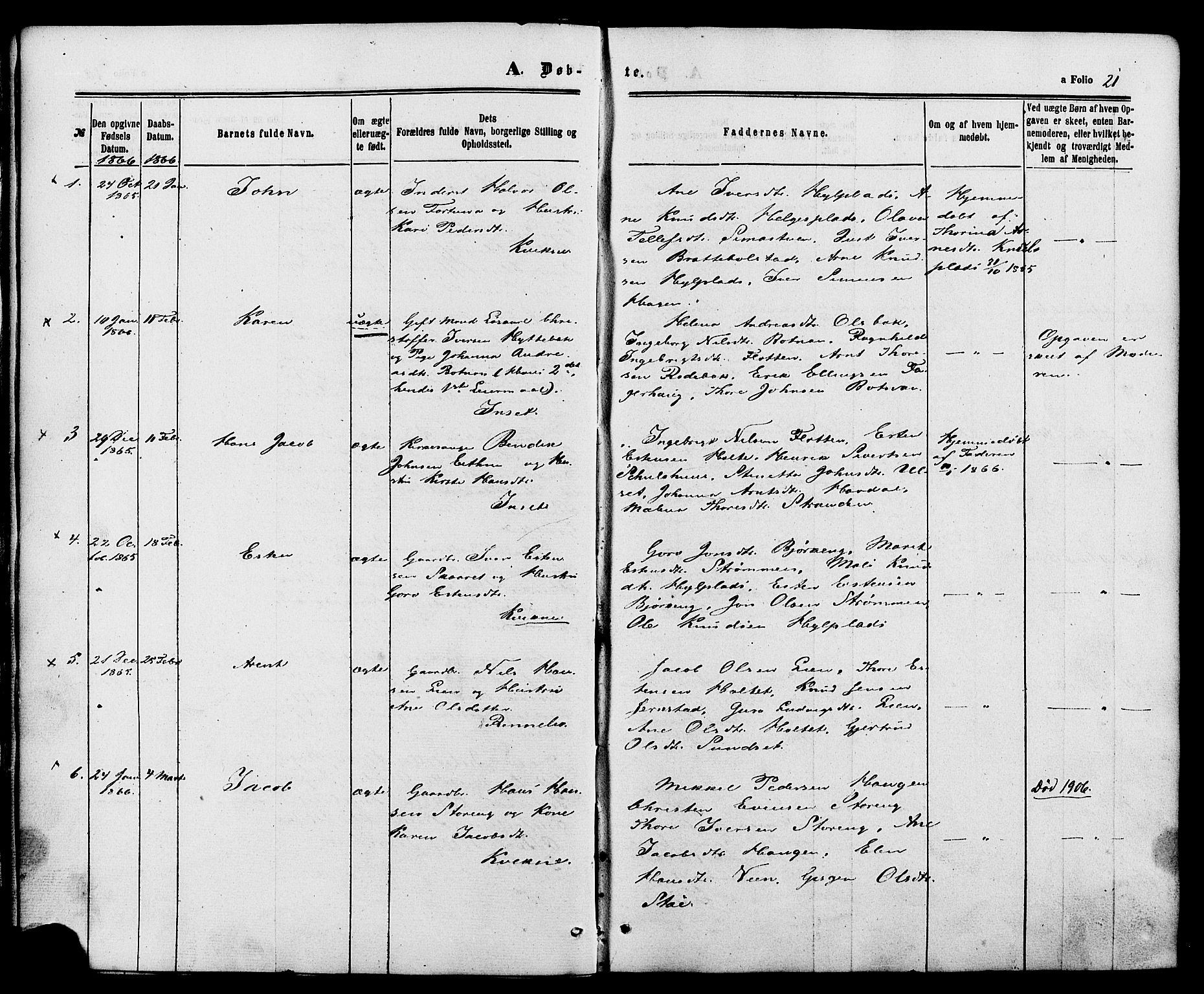 Kvikne prestekontor, SAH/PREST-064/H/Ha/Haa/L0006: Parish register (official) no. 6, 1863-1886, p. 21