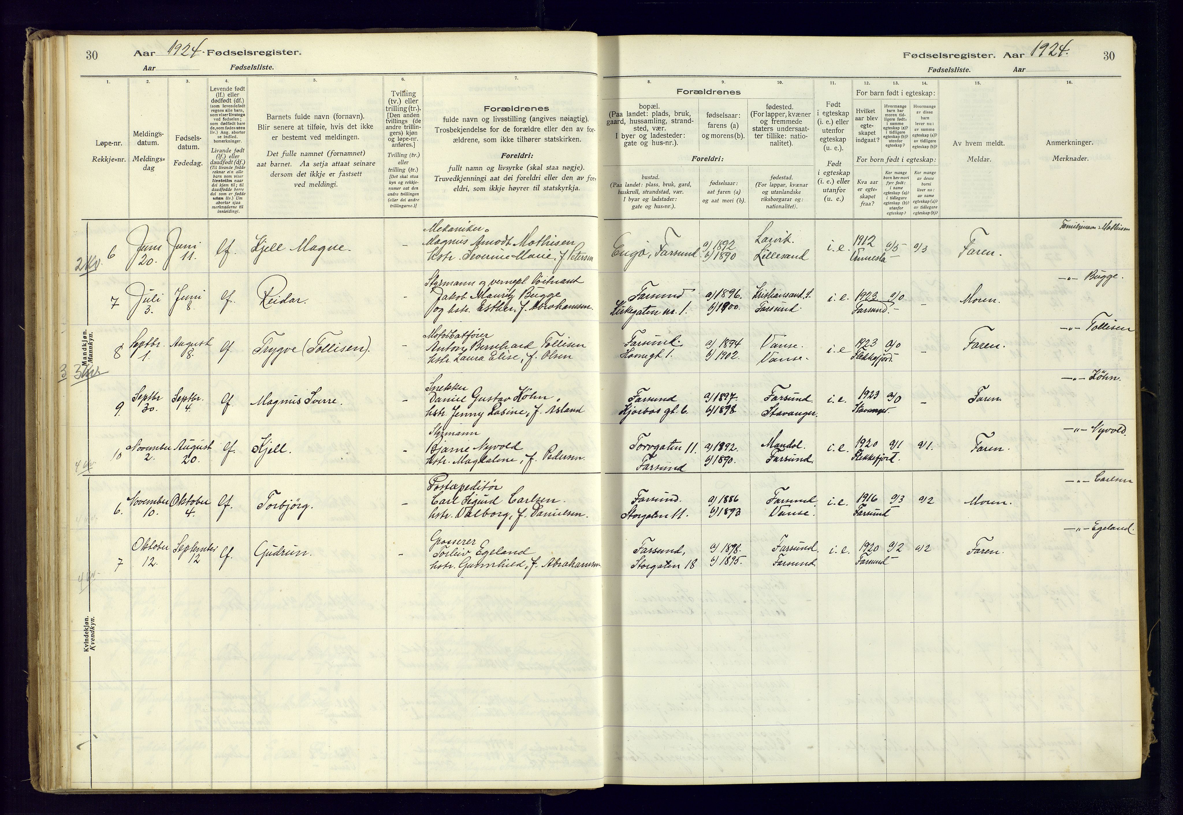 Farsund sokneprestkontor, SAK/1111-0009/J/Ja/L0001: Birth register no. A-VI-8, 1916-1950, p. 30