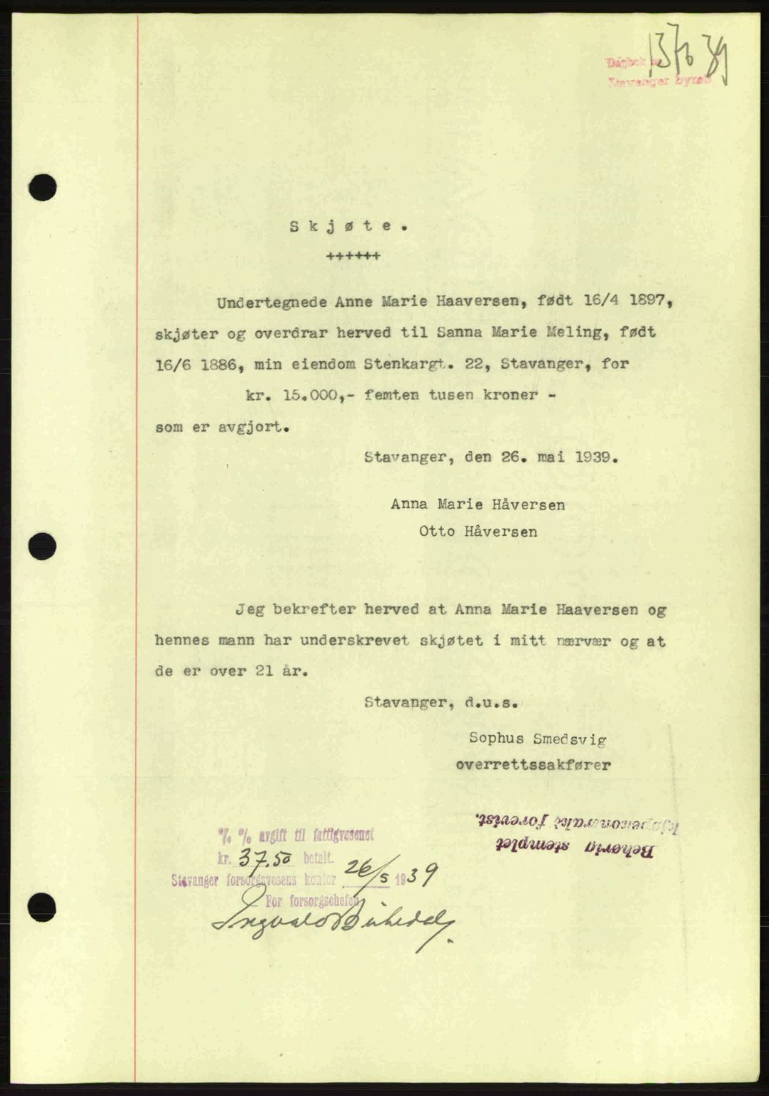 Stavanger byrett, SAST/A-100455/002/G/Gb/L0014: Mortgage book no. A4, 1938-1939, Diary no: : 1370/1939