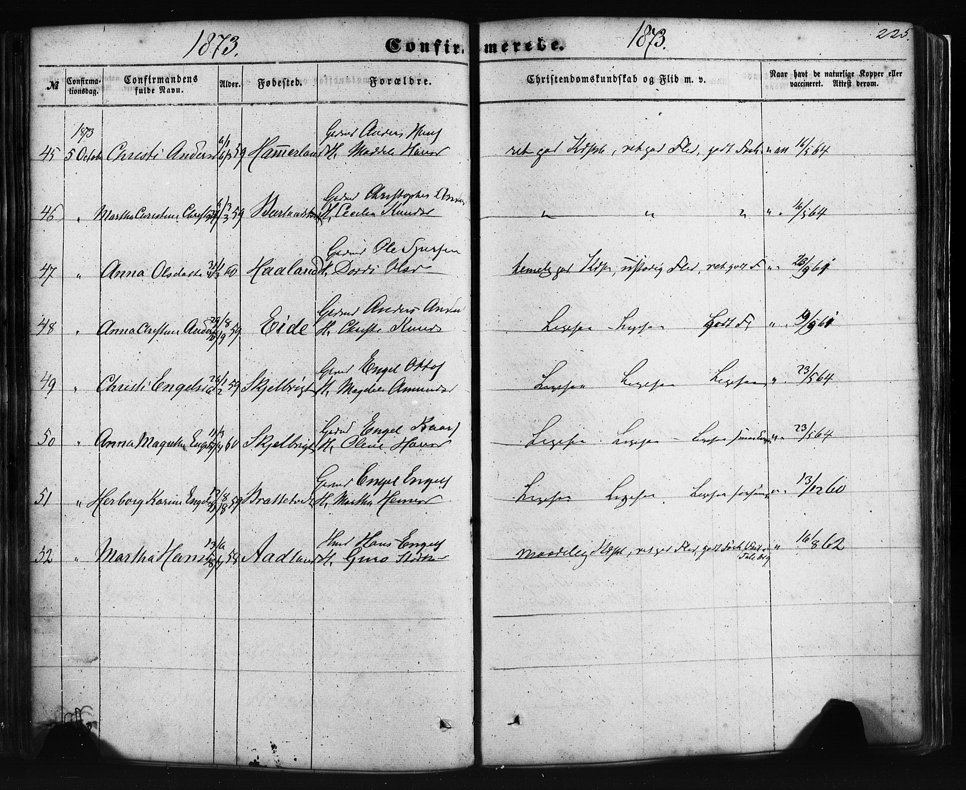 Fusa sokneprestembete, AV/SAB-A-75401/H/Haa: Parish register (official) no. A 1I, 1855-1879, p. 225