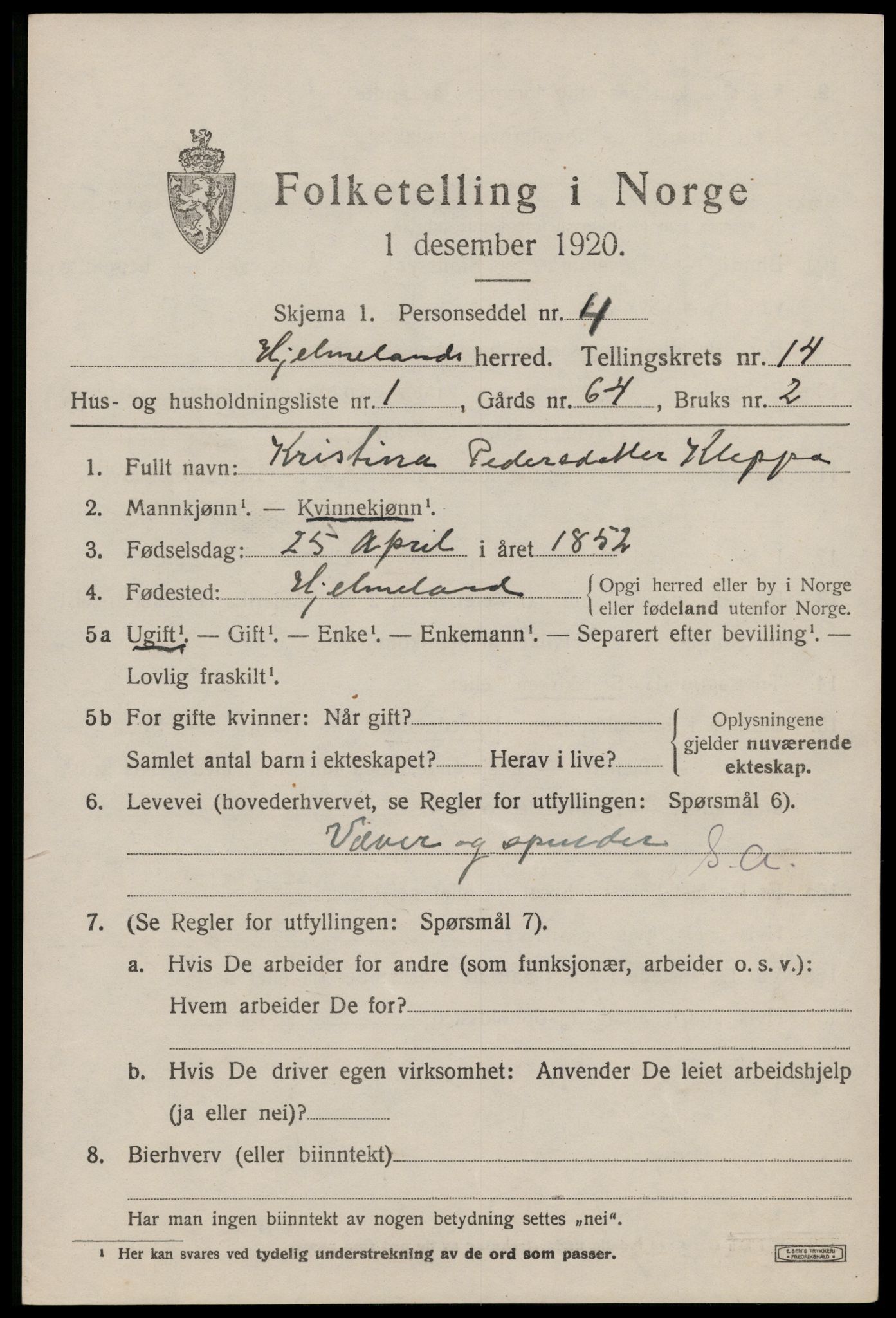 SAST, 1920 census for Hjelmeland, 1920, p. 4425