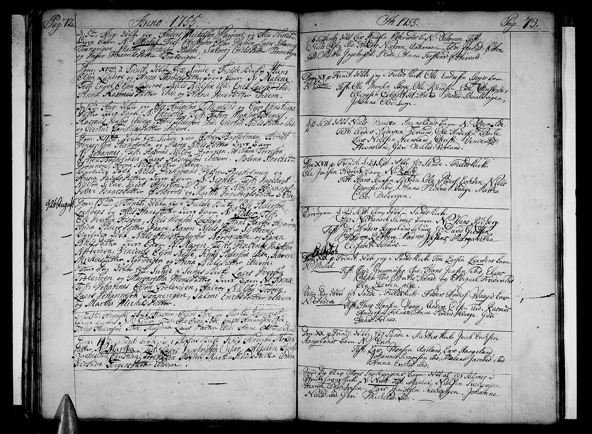 Sund sokneprestembete, AV/SAB-A-99930: Parish register (official) no. A 4, 1748-1769, p. 72-73