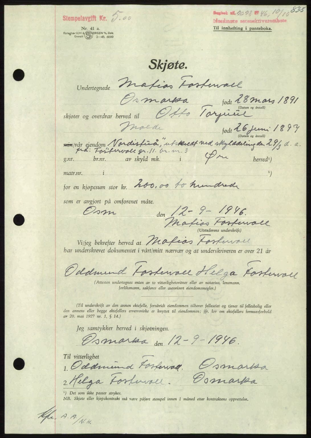 Nordmøre sorenskriveri, AV/SAT-A-4132/1/2/2Ca: Mortgage book no. A102, 1946-1946, Diary no: : 2028/1946