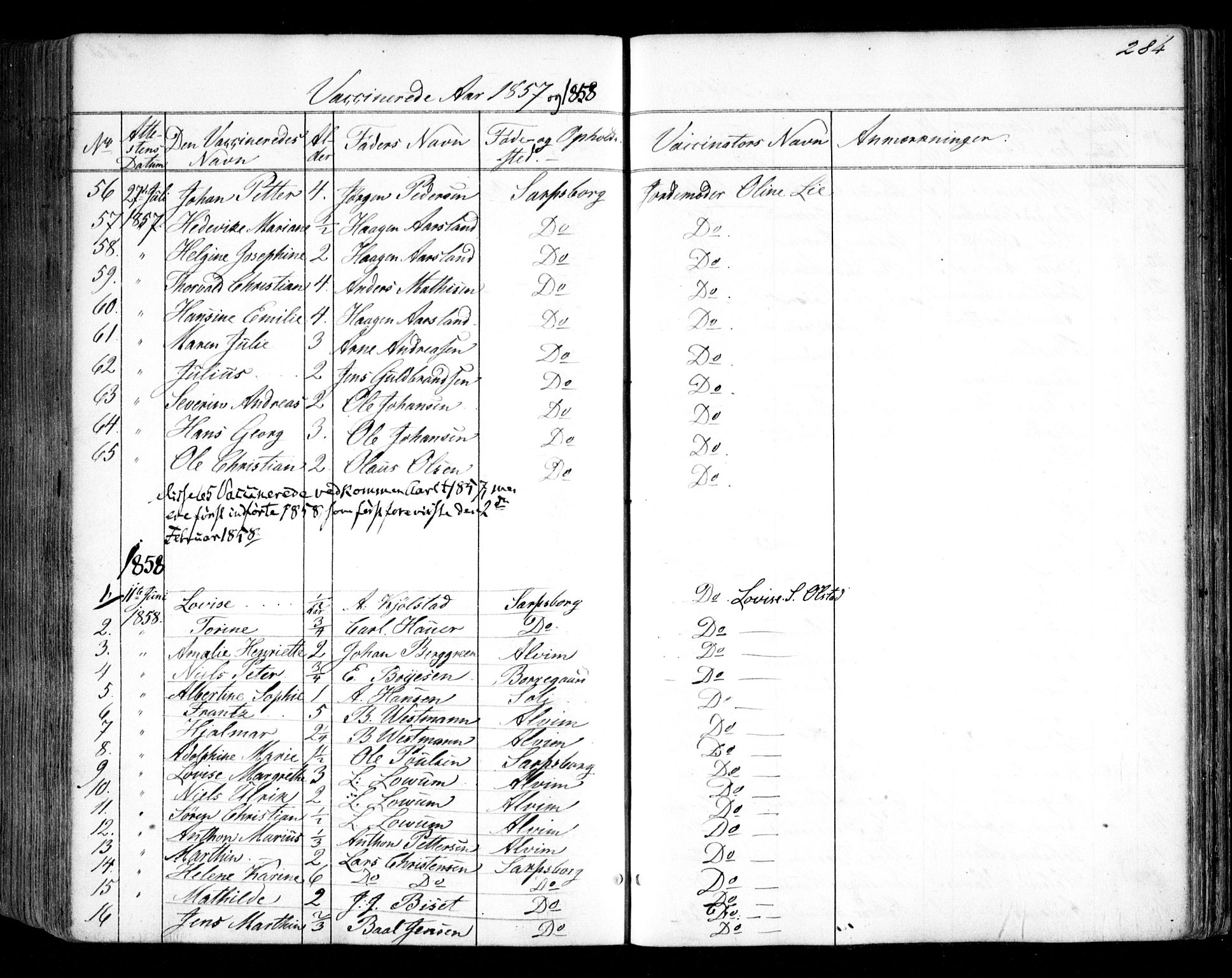 Tune prestekontor Kirkebøker, AV/SAO-A-2007/F/Fa/L0012: Parish register (official) no. 12, 1856-1859, p. 284