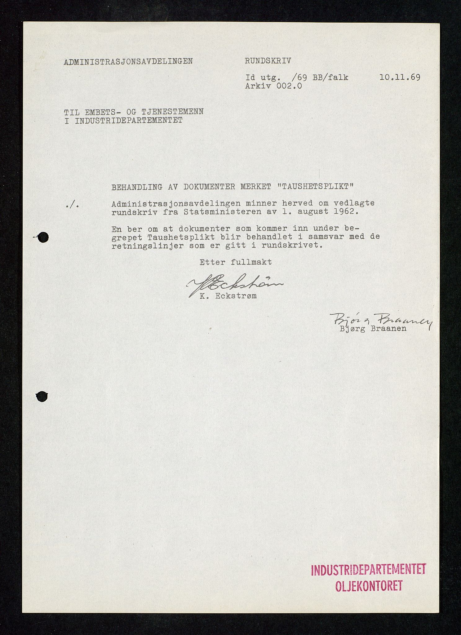 Industridepartementet, Oljekontoret, AV/SAST-A-101348/Db/L0001: Sikkerhet og utstyr, personell, arbeidstid, lønn, 1967-1973, p. 202